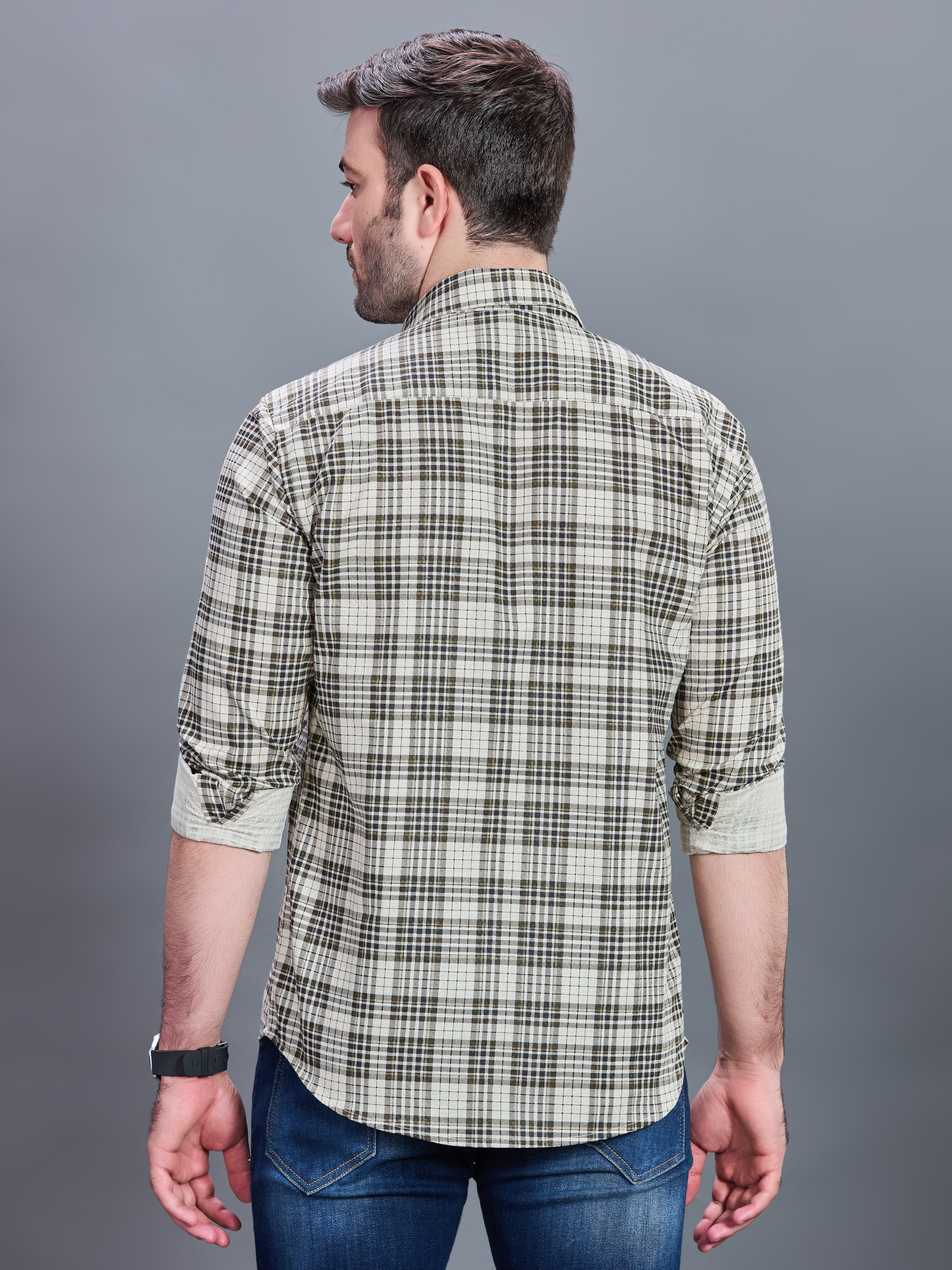 AXZON Beige & Olive Checked Casual Shirt for Men