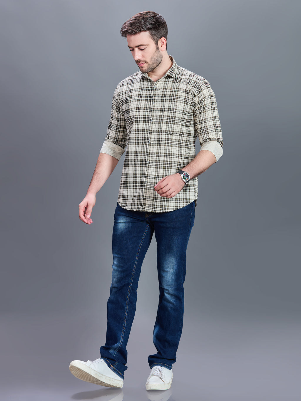 AXZON Beige & Olive Checked Casual Shirt for Men