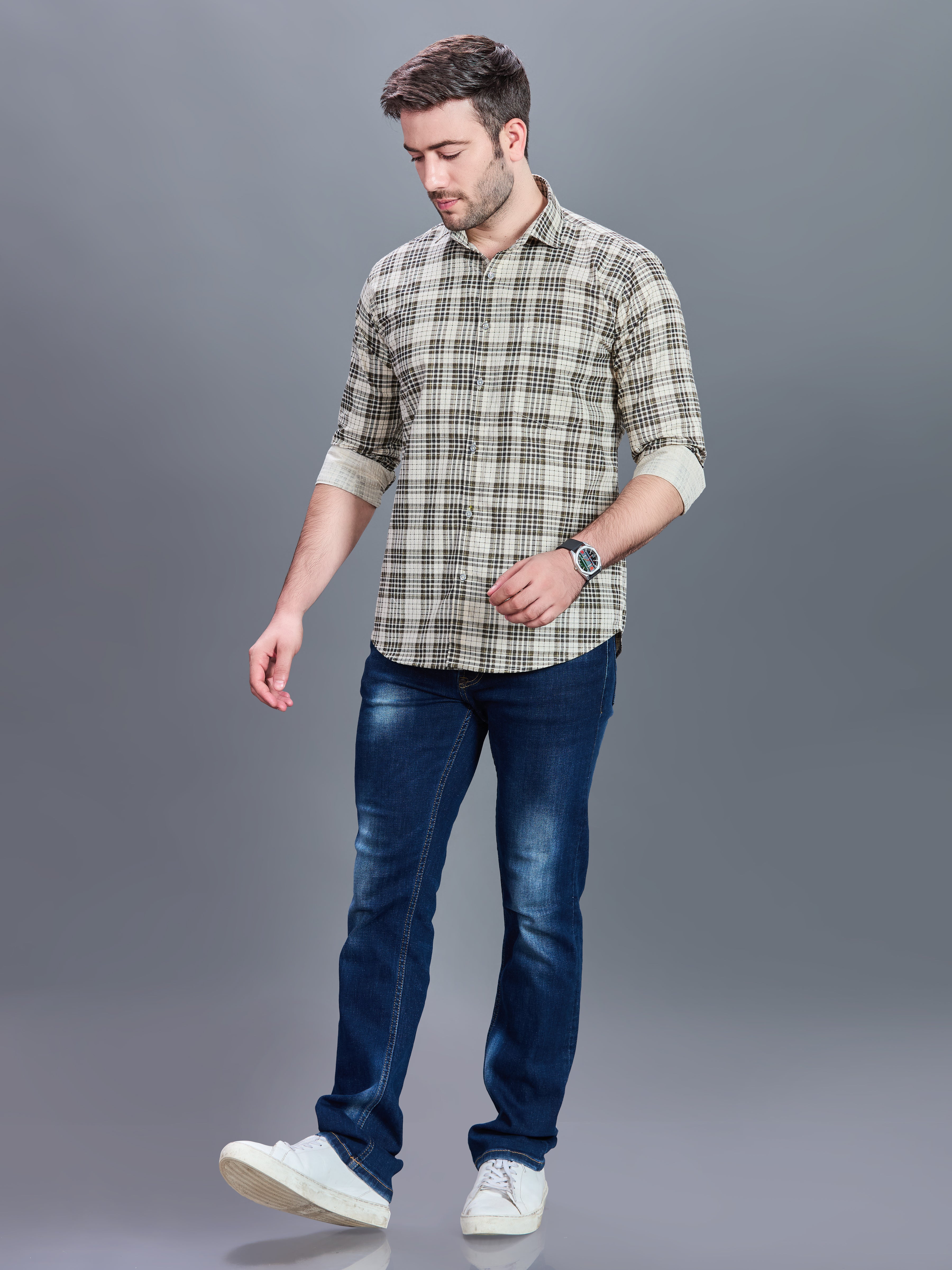 AXZON Beige & Olive Checked Casual Shirt for Men
