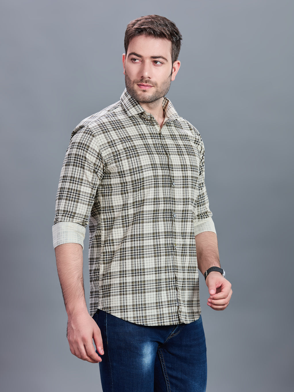 AXZON Beige & Olive Checked Casual Shirt for Men