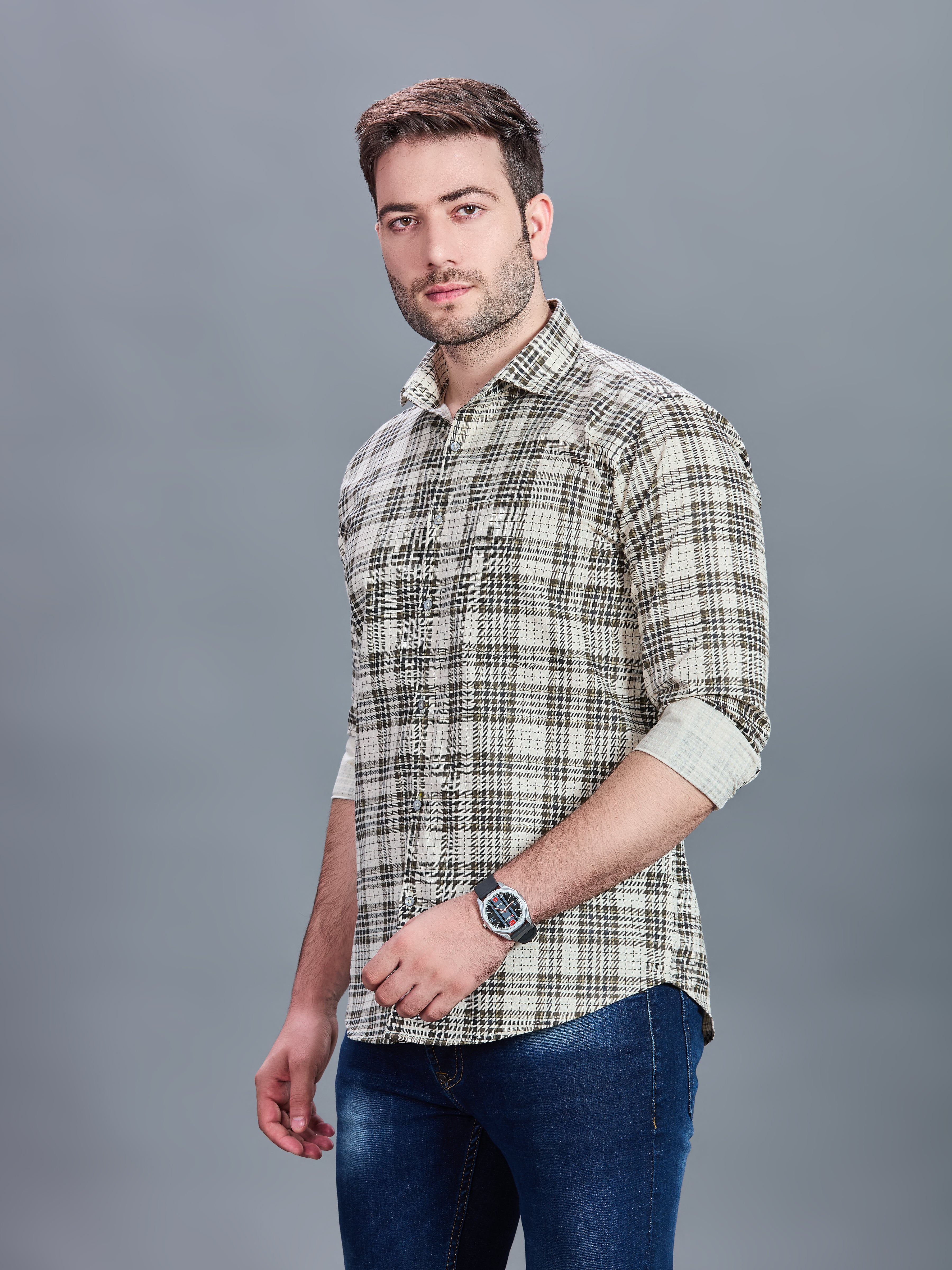 AXZON Beige & Olive Checked Casual Shirt for Men