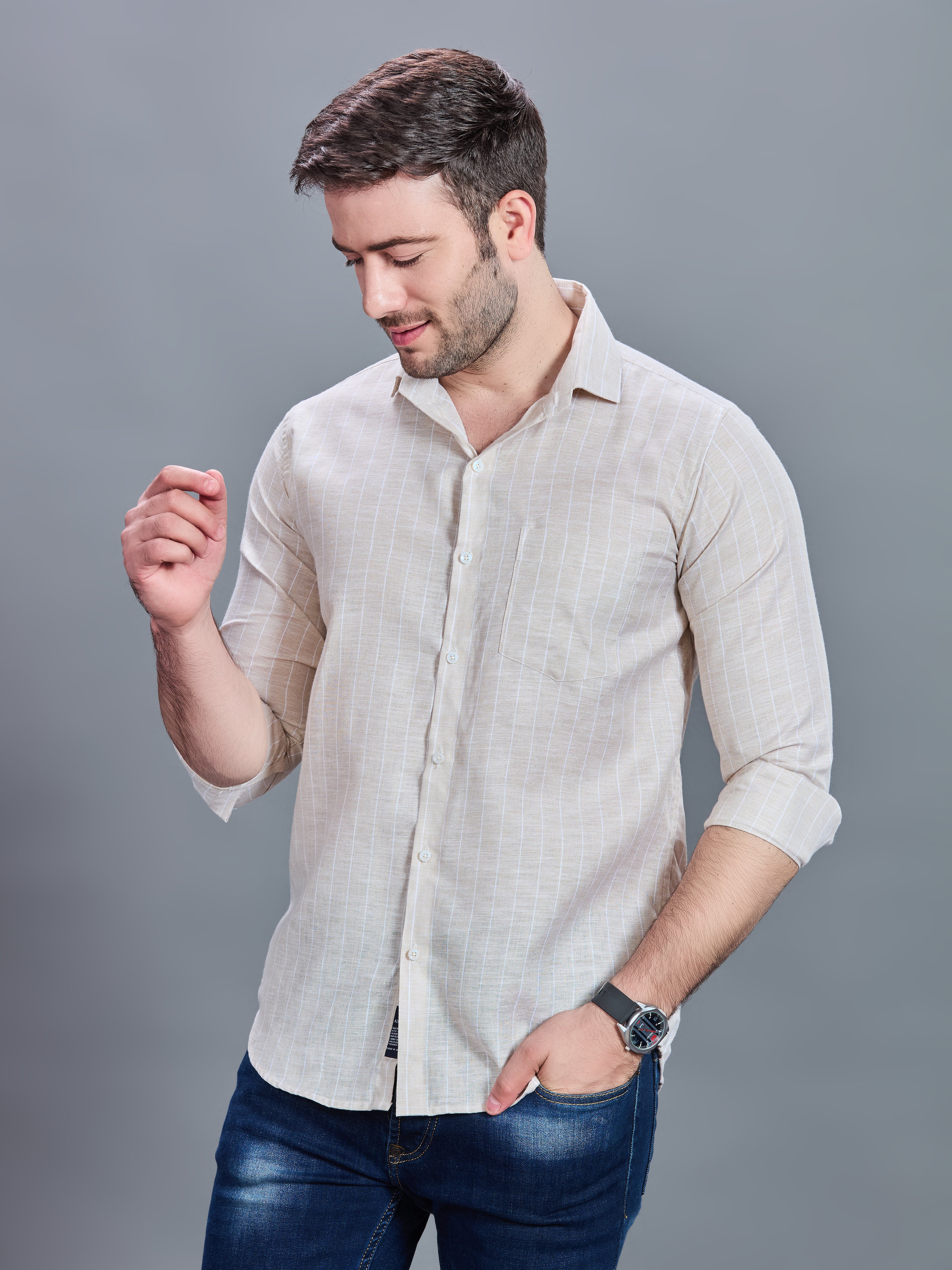 AXZON Off White Checked Slim Fit Casual Shirt for Men