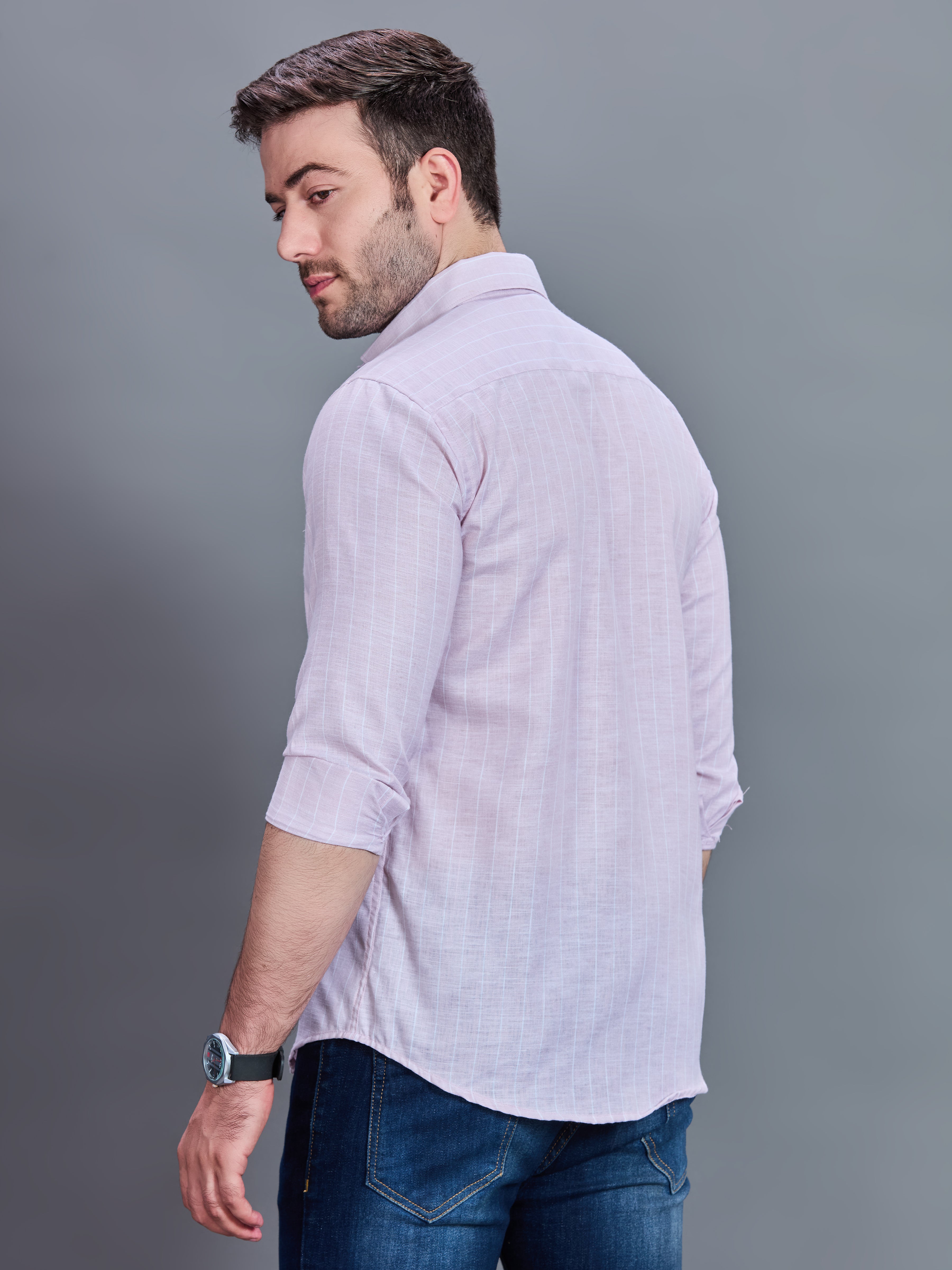 AXZON Light Pink Linen Slim Fit Shirt for Men