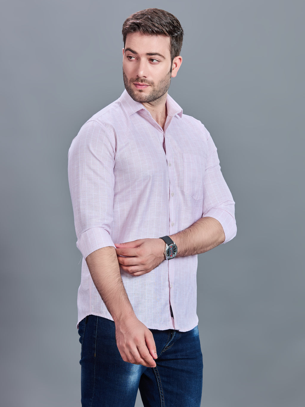 AXZON Light Pink Linen Slim Fit Shirt for Men