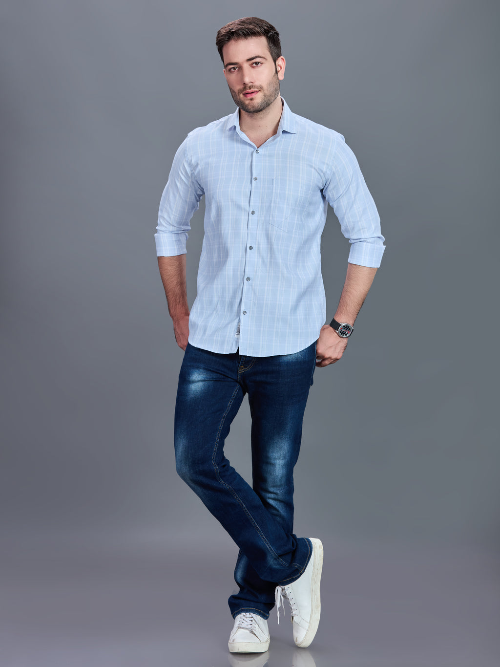 AXZON Sky Blue Checked Casual Shirt for Men