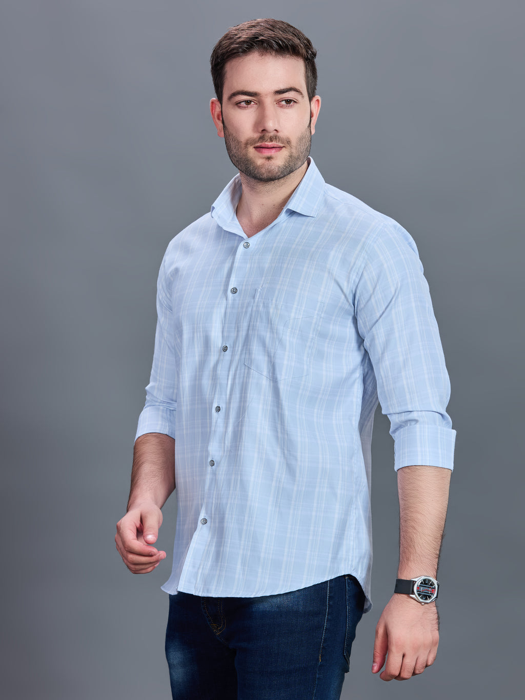 AXZON Sky Blue Checked Casual Shirt for Men