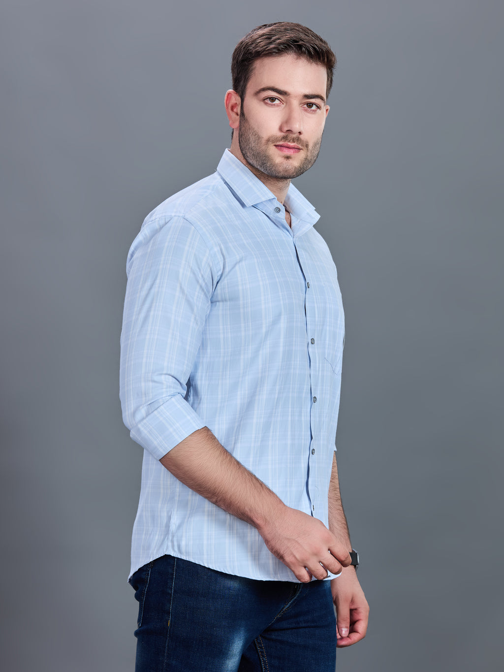 AXZON Sky Blue Checked Casual Shirt for Men