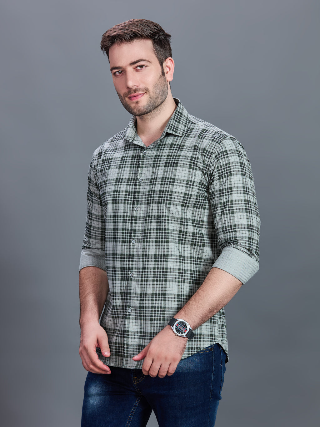 AXZON Green Checked Casual Shirt for Men