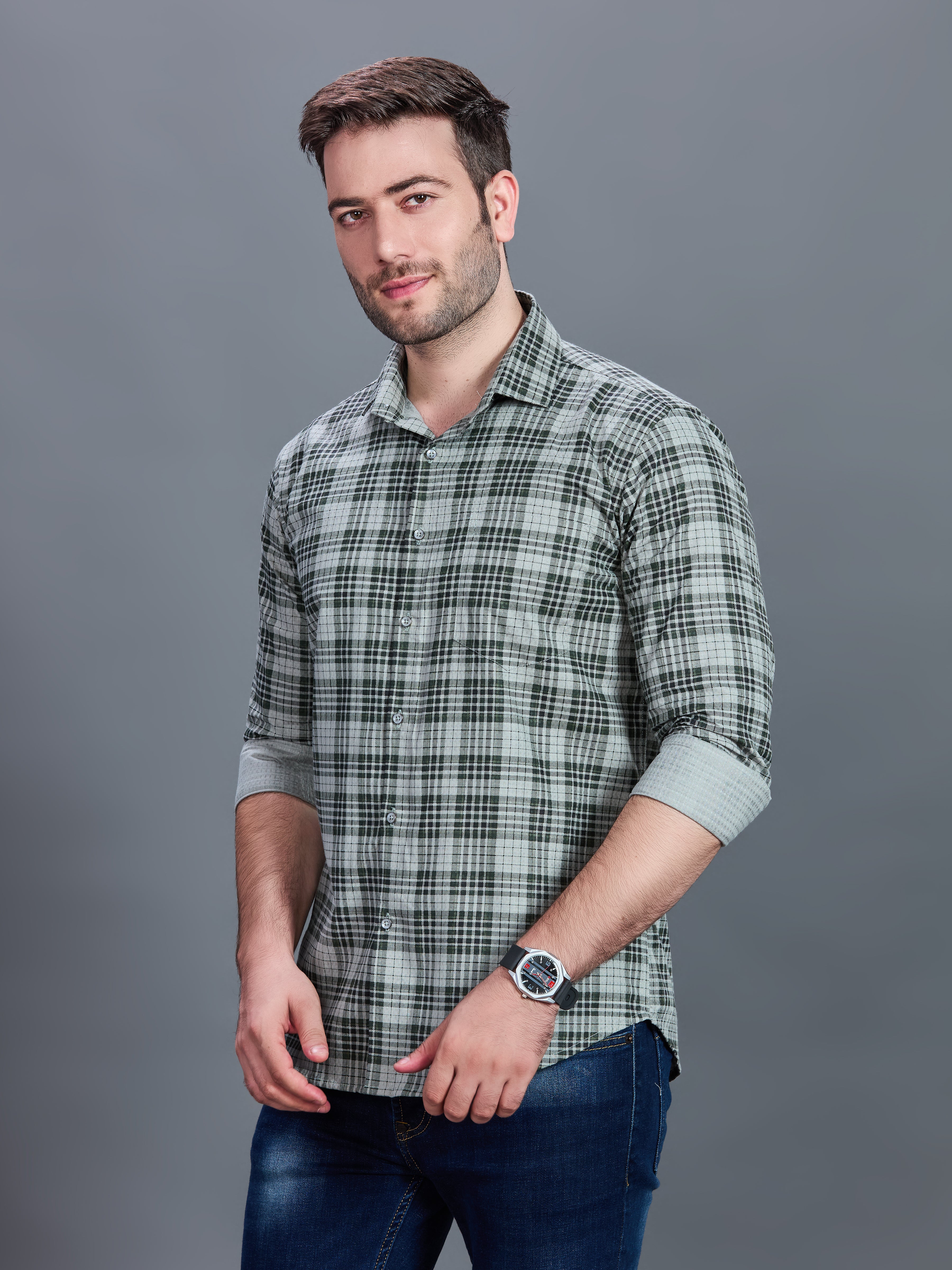 AXZON Green Checked Casual Shirt for Men