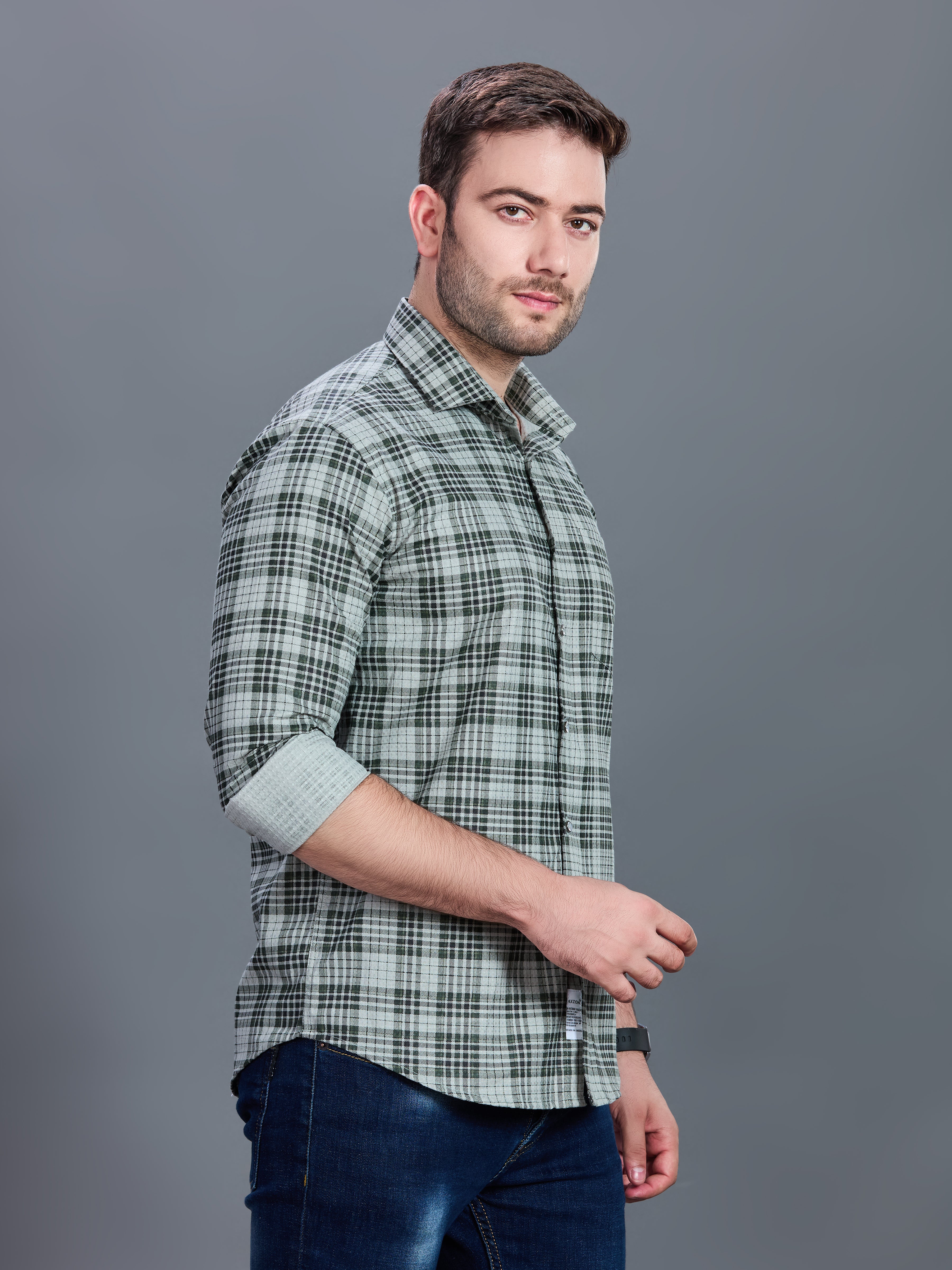 AXZON Green Checked Casual Shirt for Men