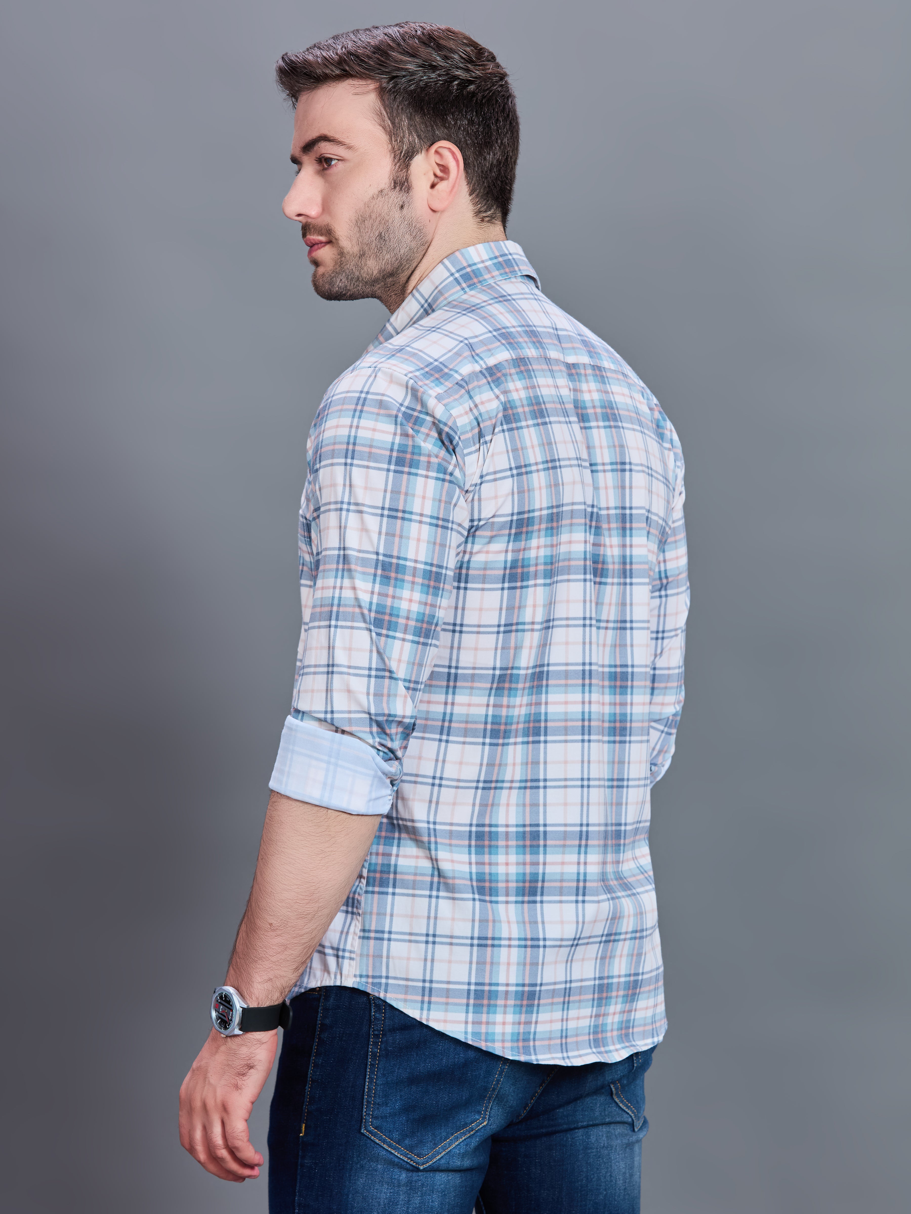 AXZON White & Sky Blue Checked Casual Shirt for Men