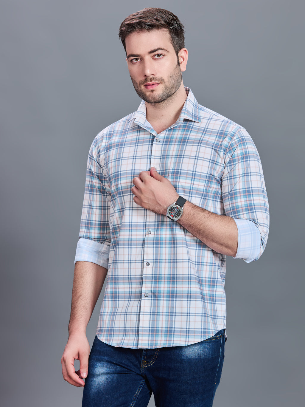 AXZON White & Sky Blue Checked Casual Shirt for Men