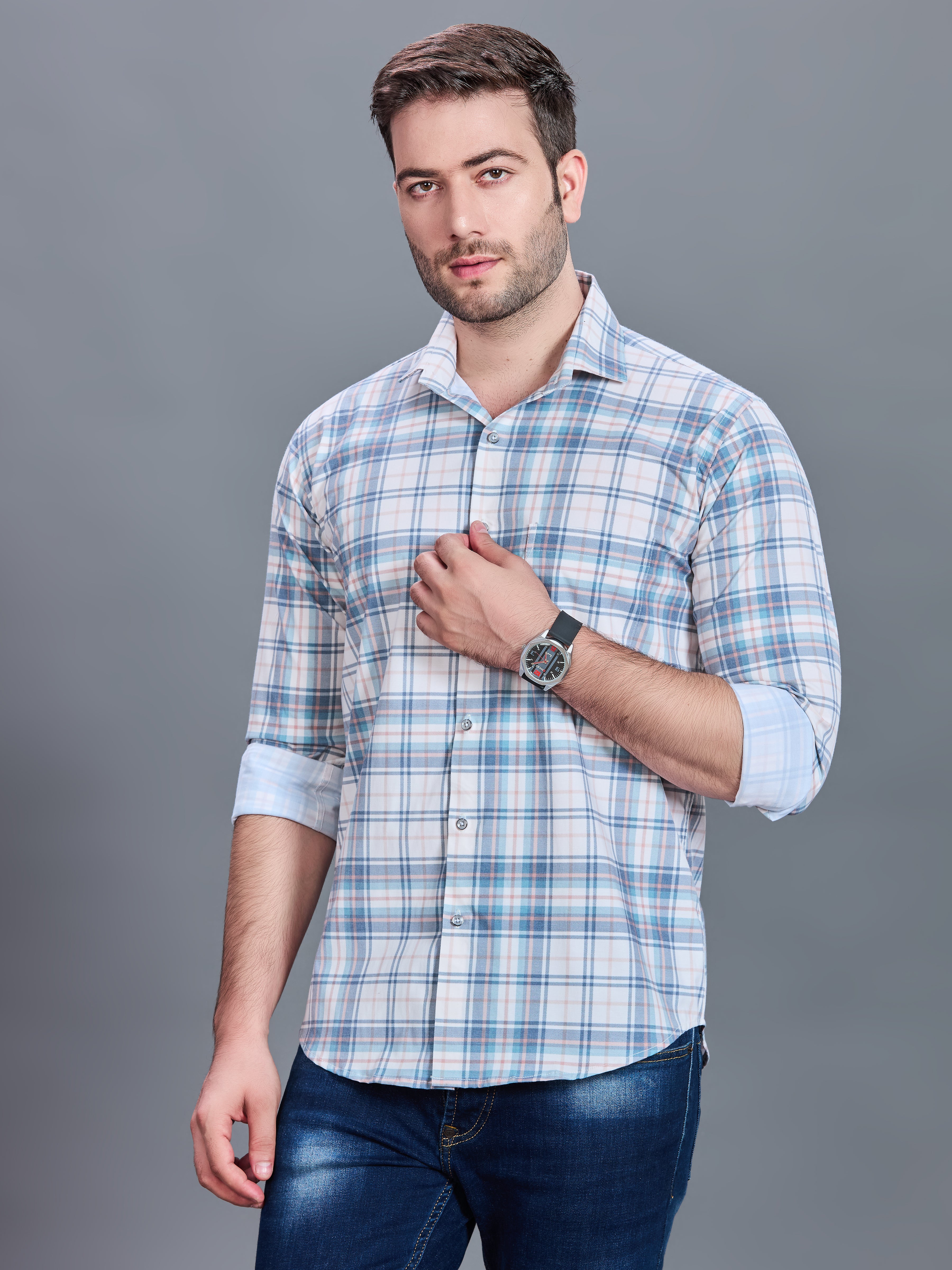 AXZON White & Sky Blue Checked Casual Shirt for Men