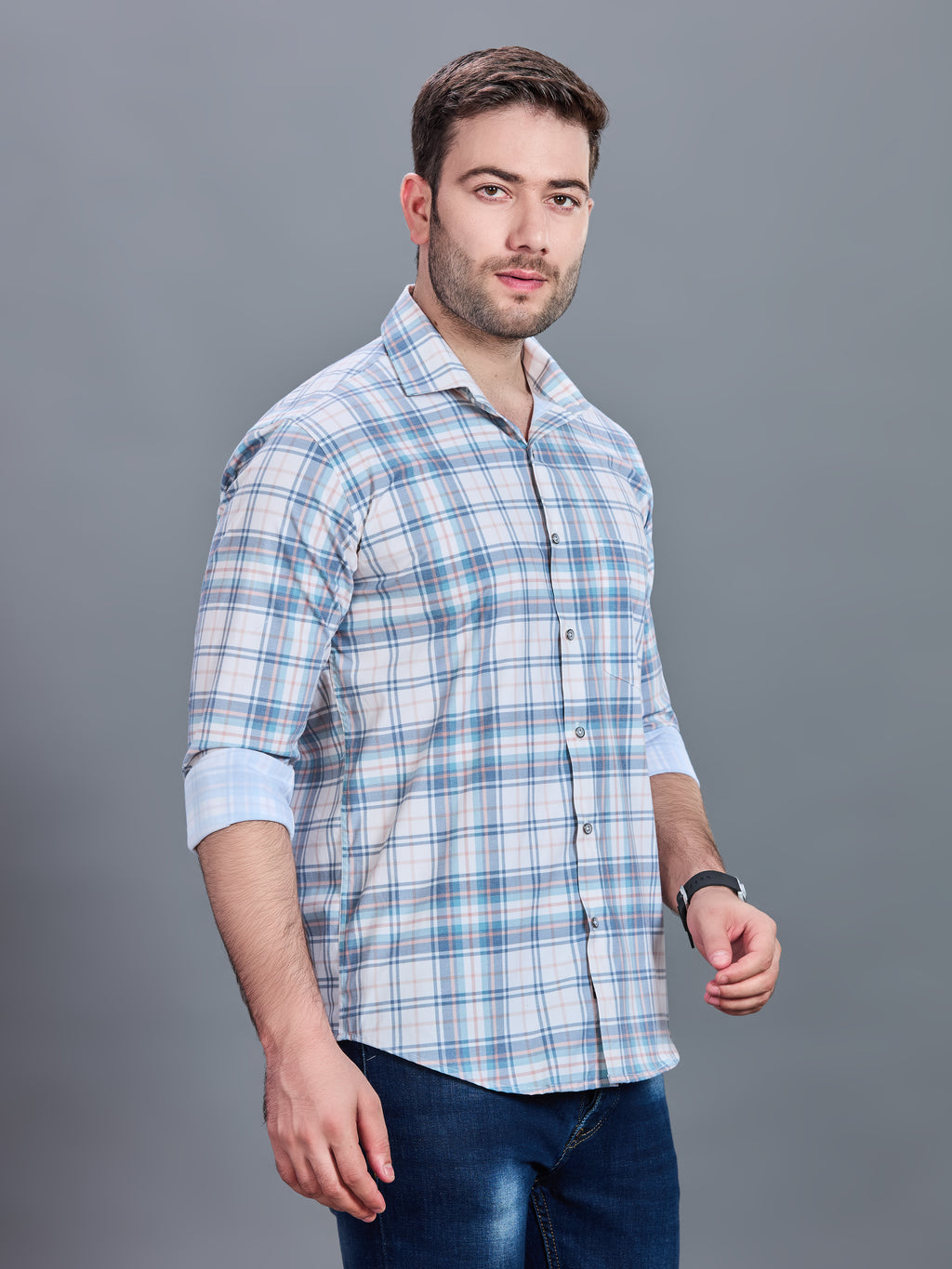 AXZON White & Sky Blue Checked Casual Shirt for Men