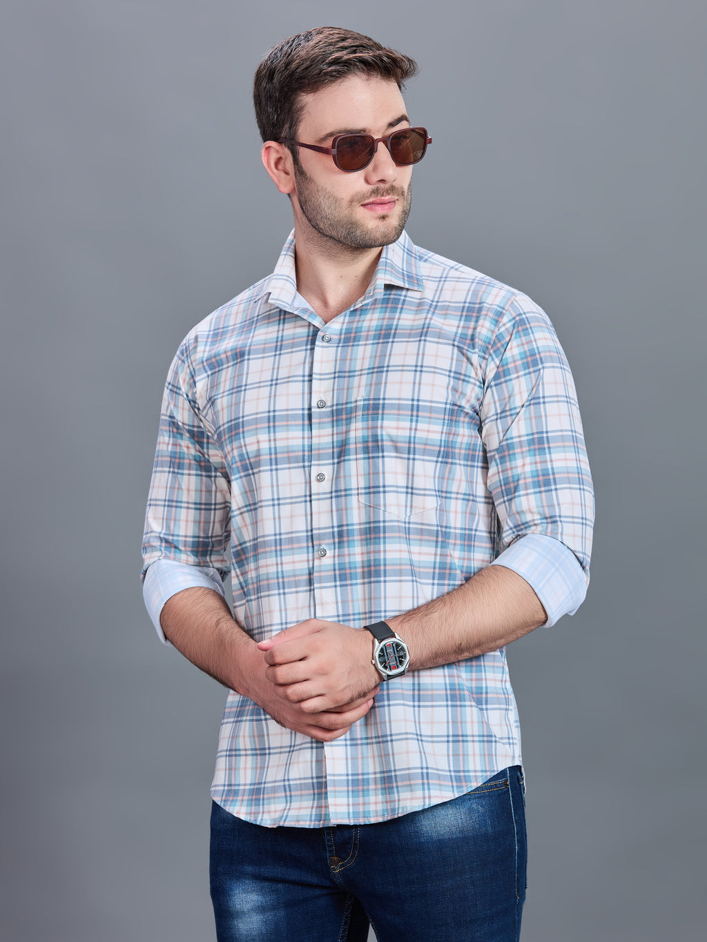 AXZON White & Sky Blue Checked Casual Shirt for Men