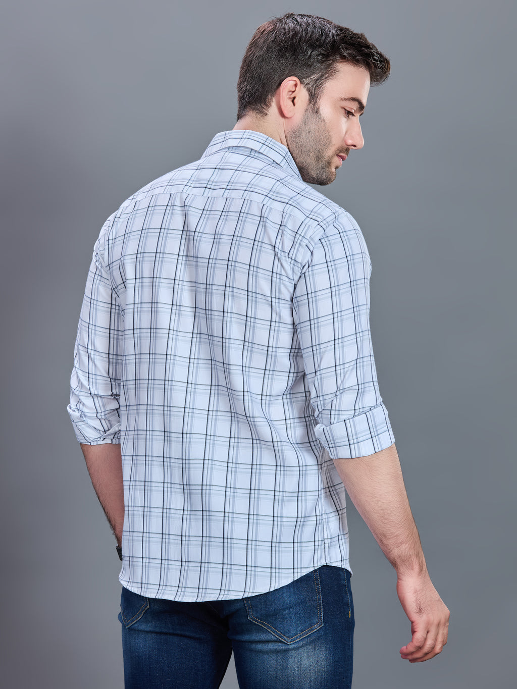AXZON White & Light Blue Checked Casual Shirt for Men