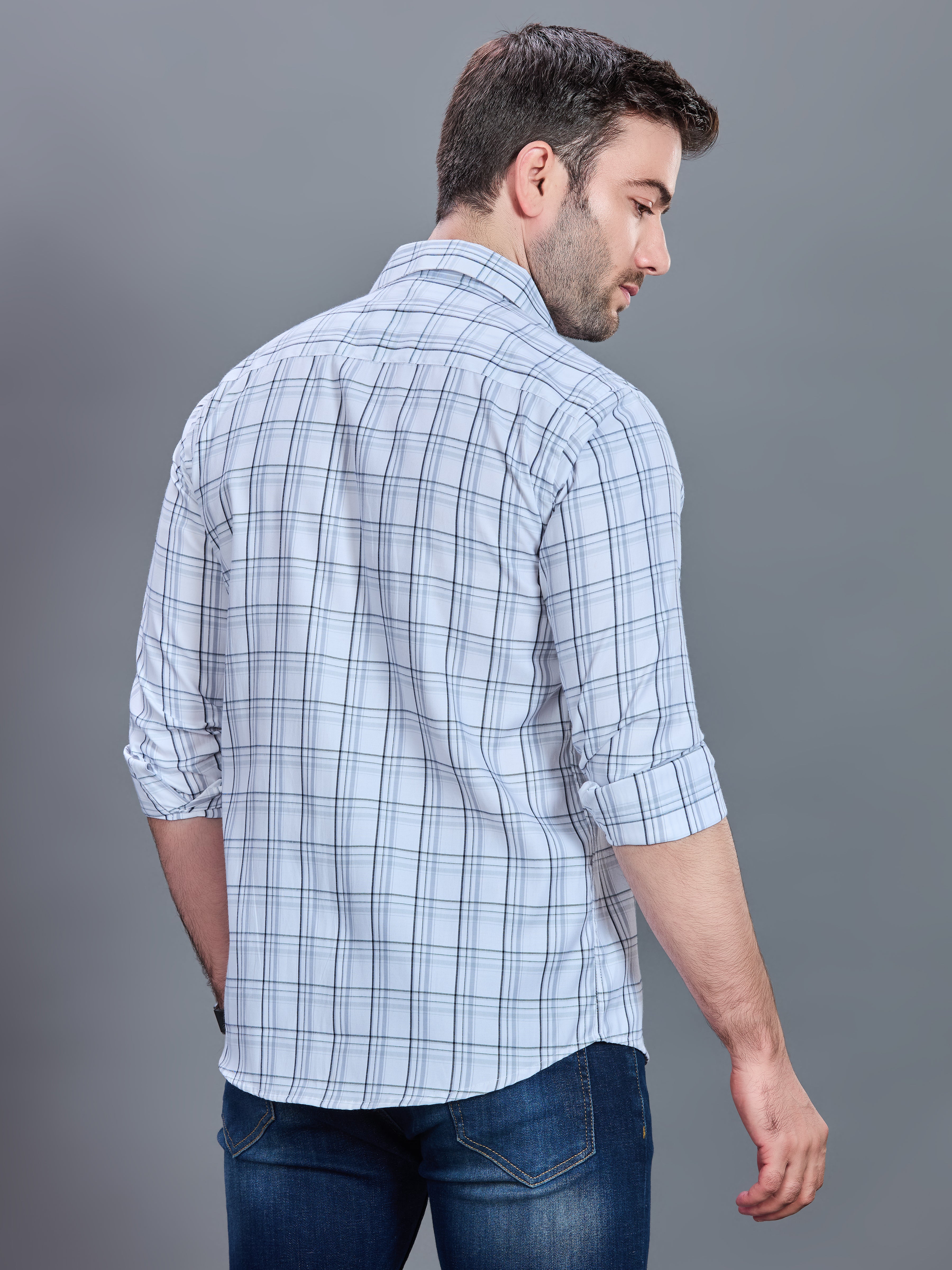 AXZON White & Light Blue Checked Casual Shirt for Men