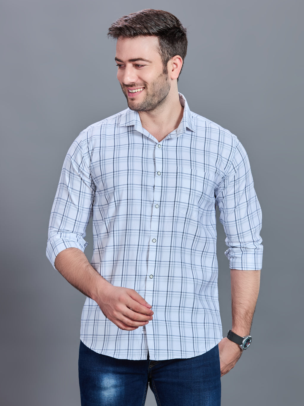 AXZON White & Light Blue Checked Casual Shirt for Men