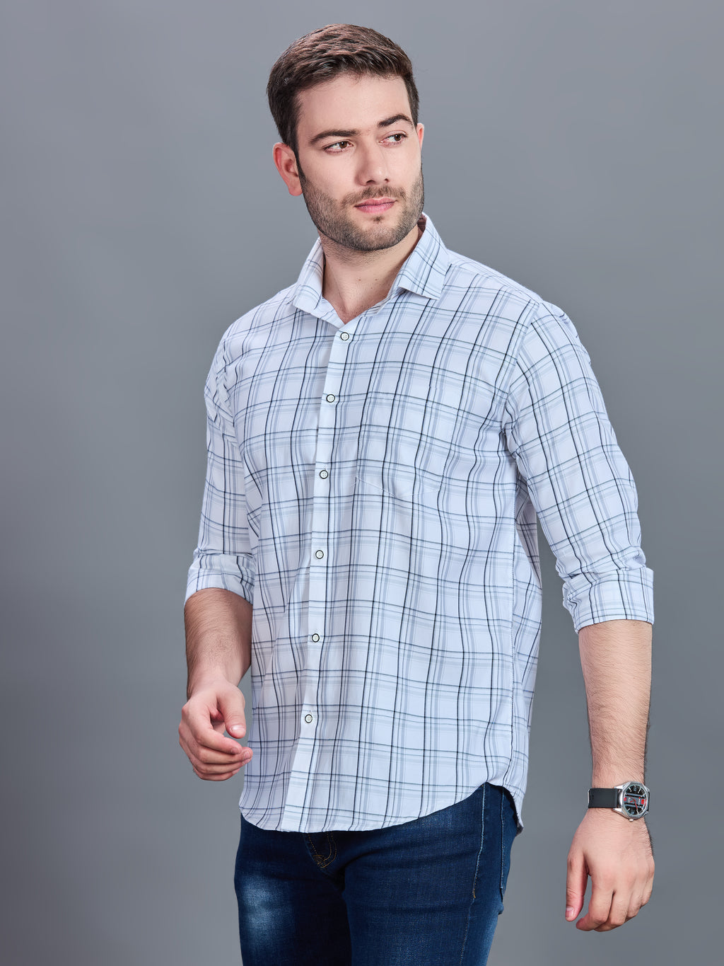 AXZON White & Light Blue Checked Casual Shirt for Men