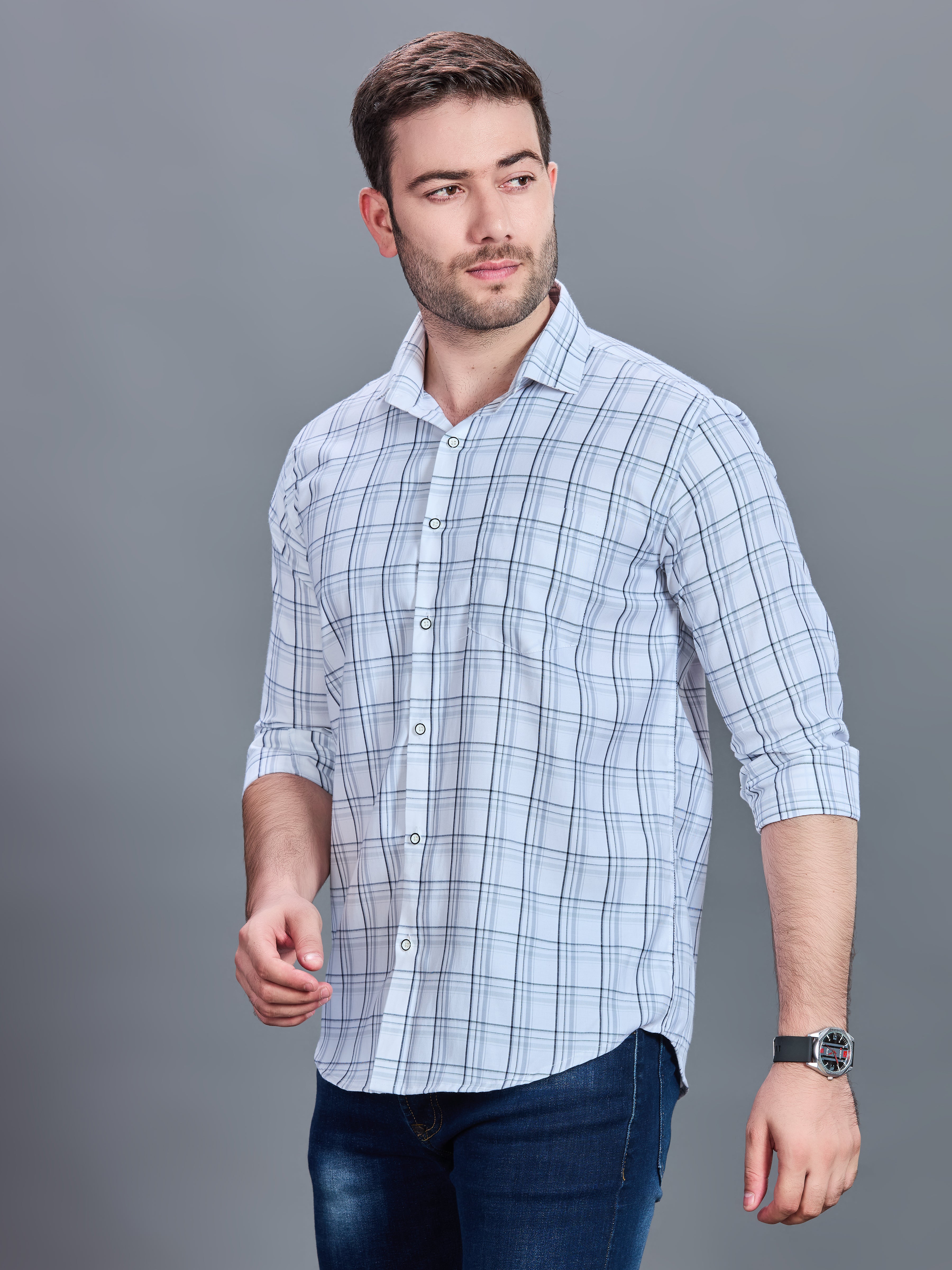 AXZON White & Light Blue Checked Casual Shirt for Men