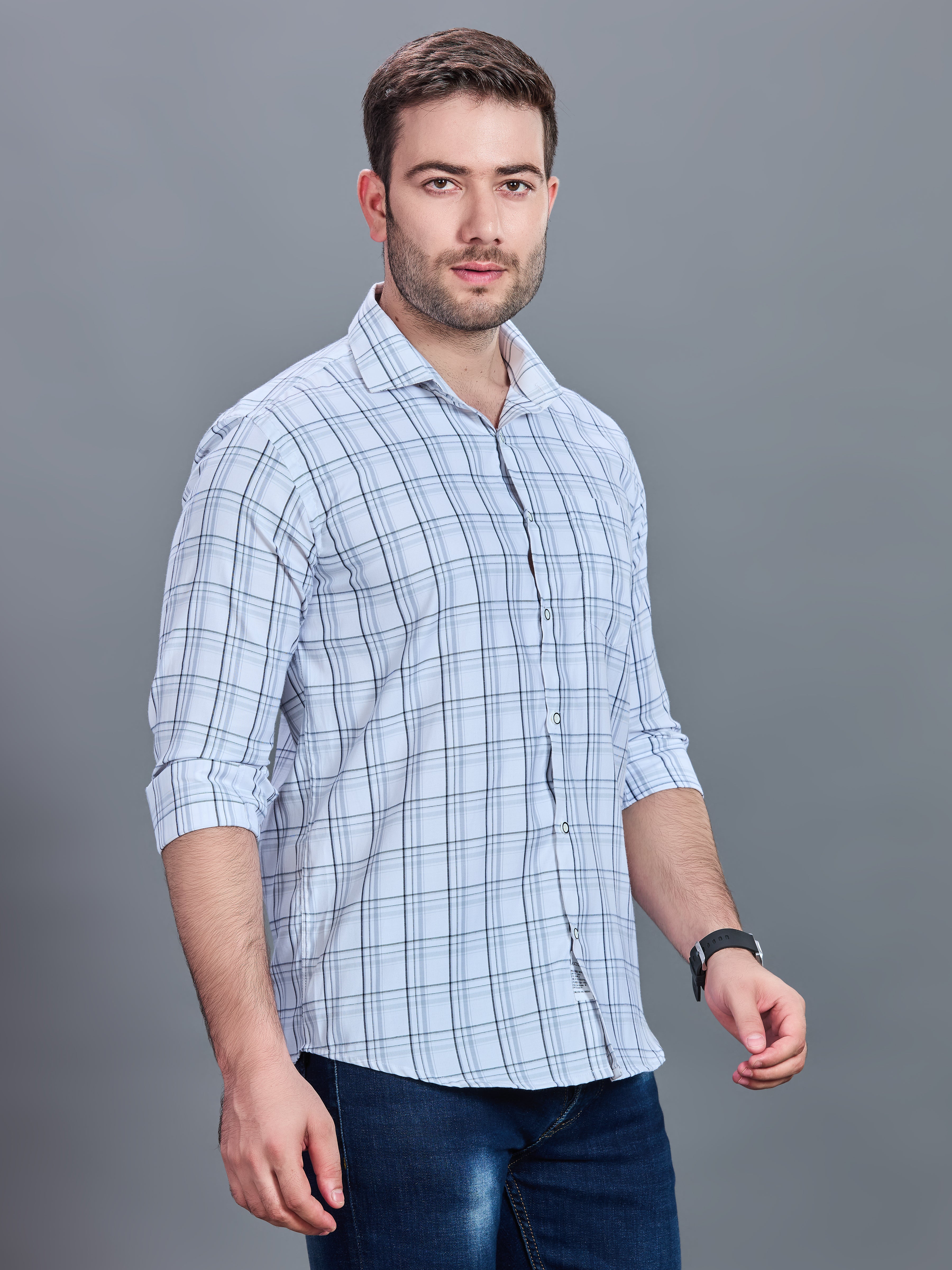 AXZON White & Light Blue Checked Casual Shirt for Men