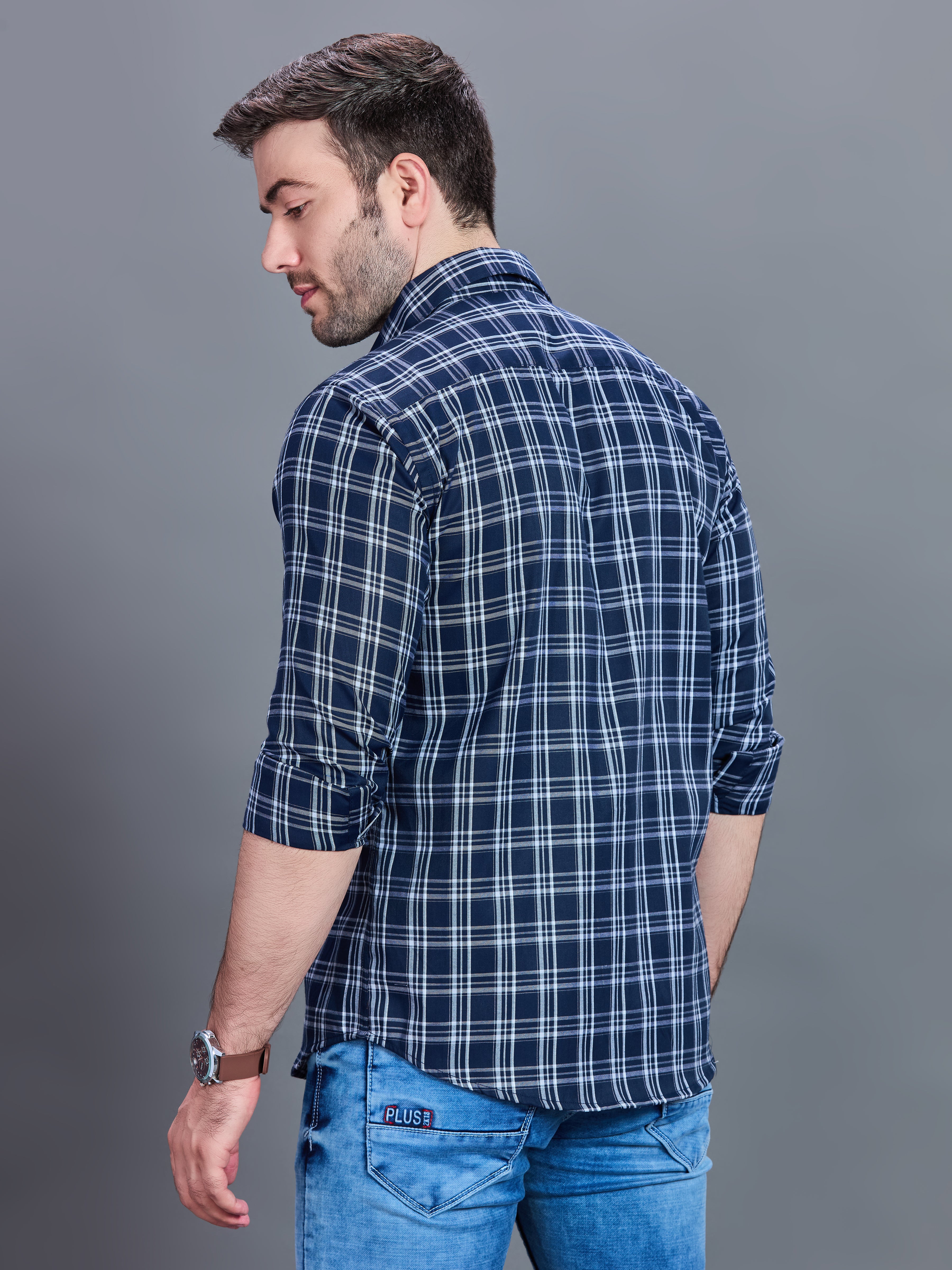 AXZON Navy Blue Checked Casual Shirt for Men