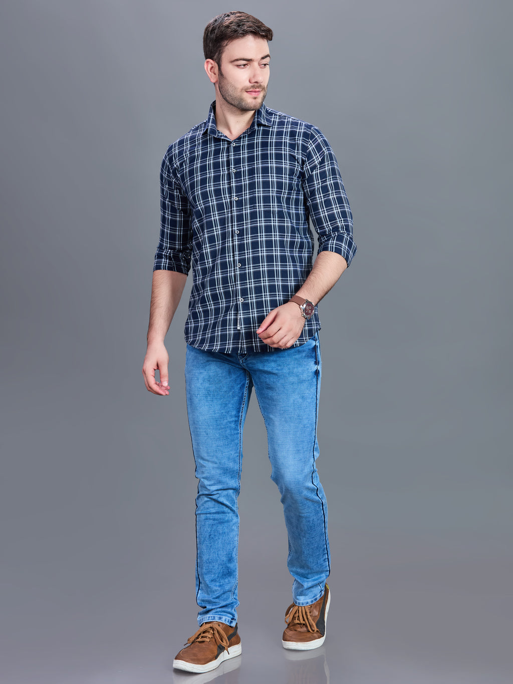 AXZON Navy Blue Checked Casual Shirt for Men