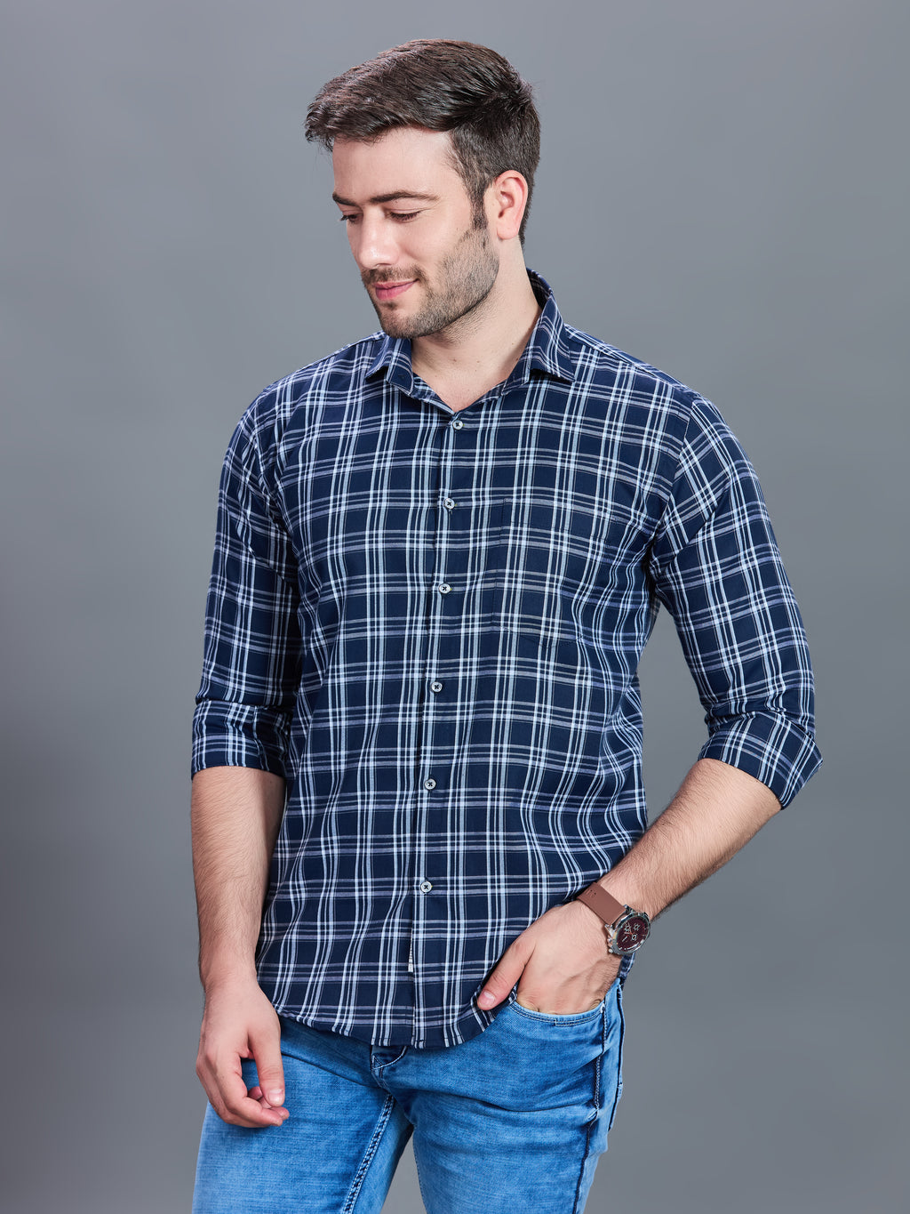 AXZON Navy Blue Checked Casual Shirt for Men