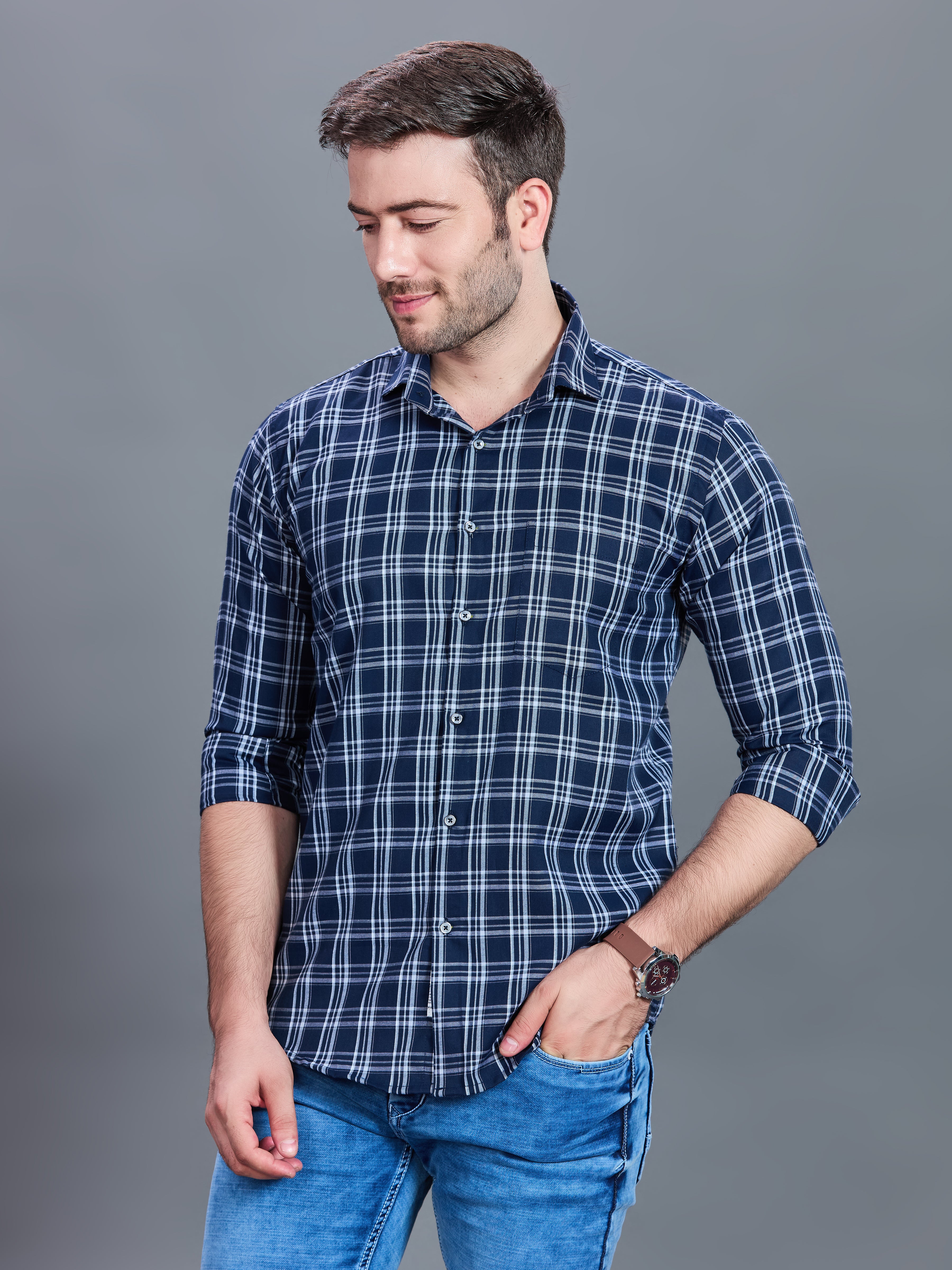AXZON Navy Blue Checked Casual Shirt for Men