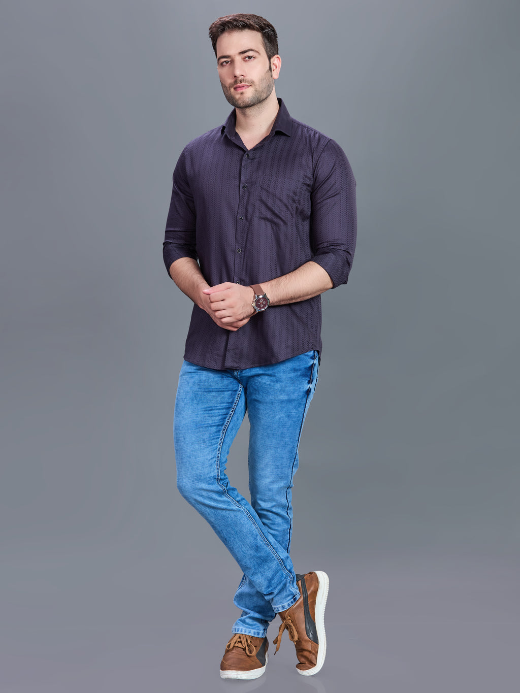 AXZON Charcoal Grey Textured Printed Shirt for Men