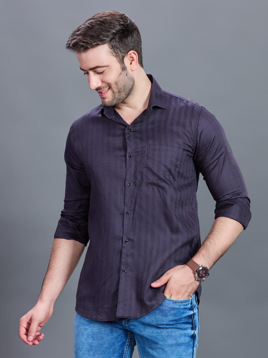 AXZON Charcoal Grey Textured Printed Shirt for Men