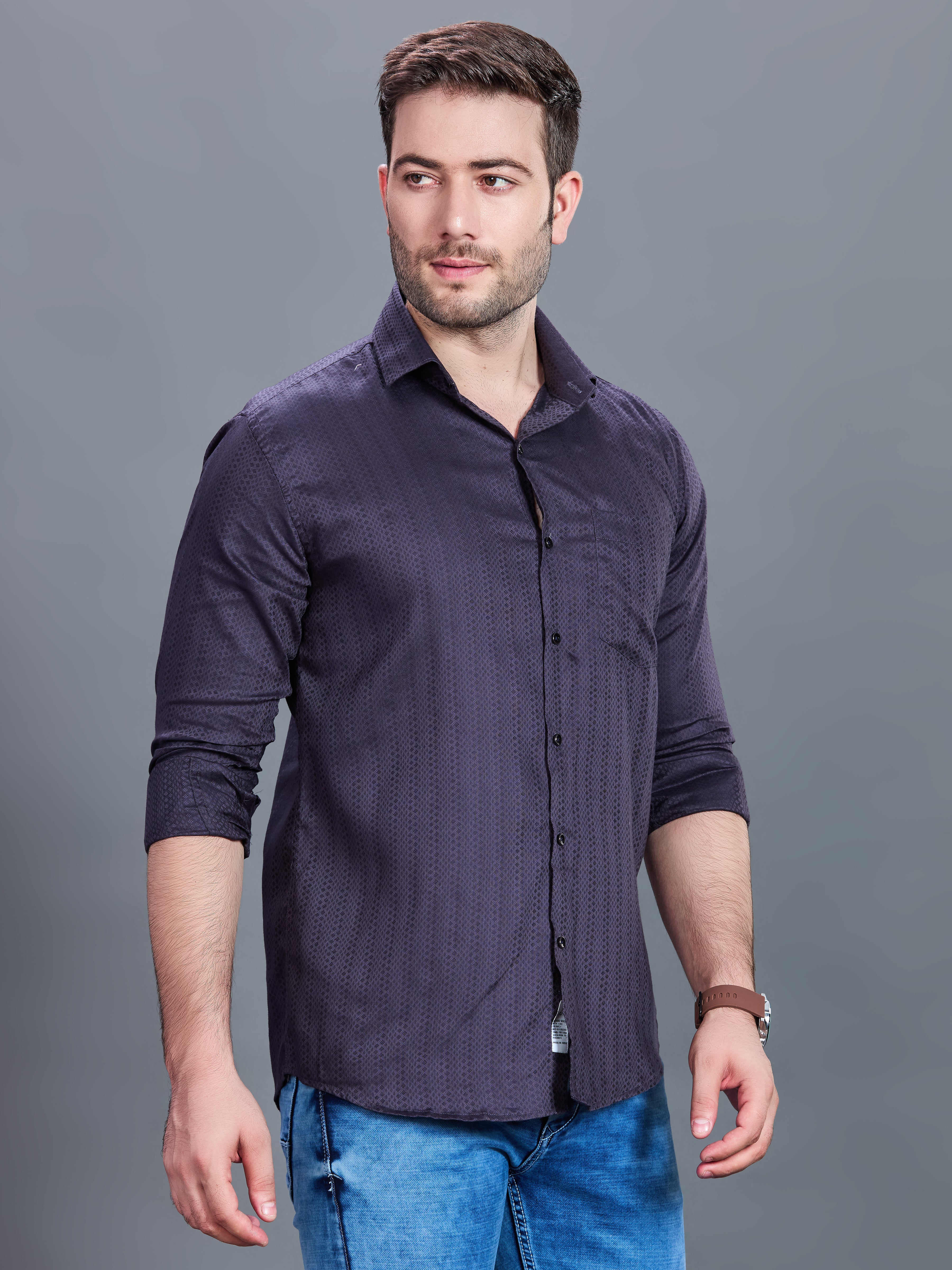 AXZON Charcoal Grey Textured Printed Shirt for Men