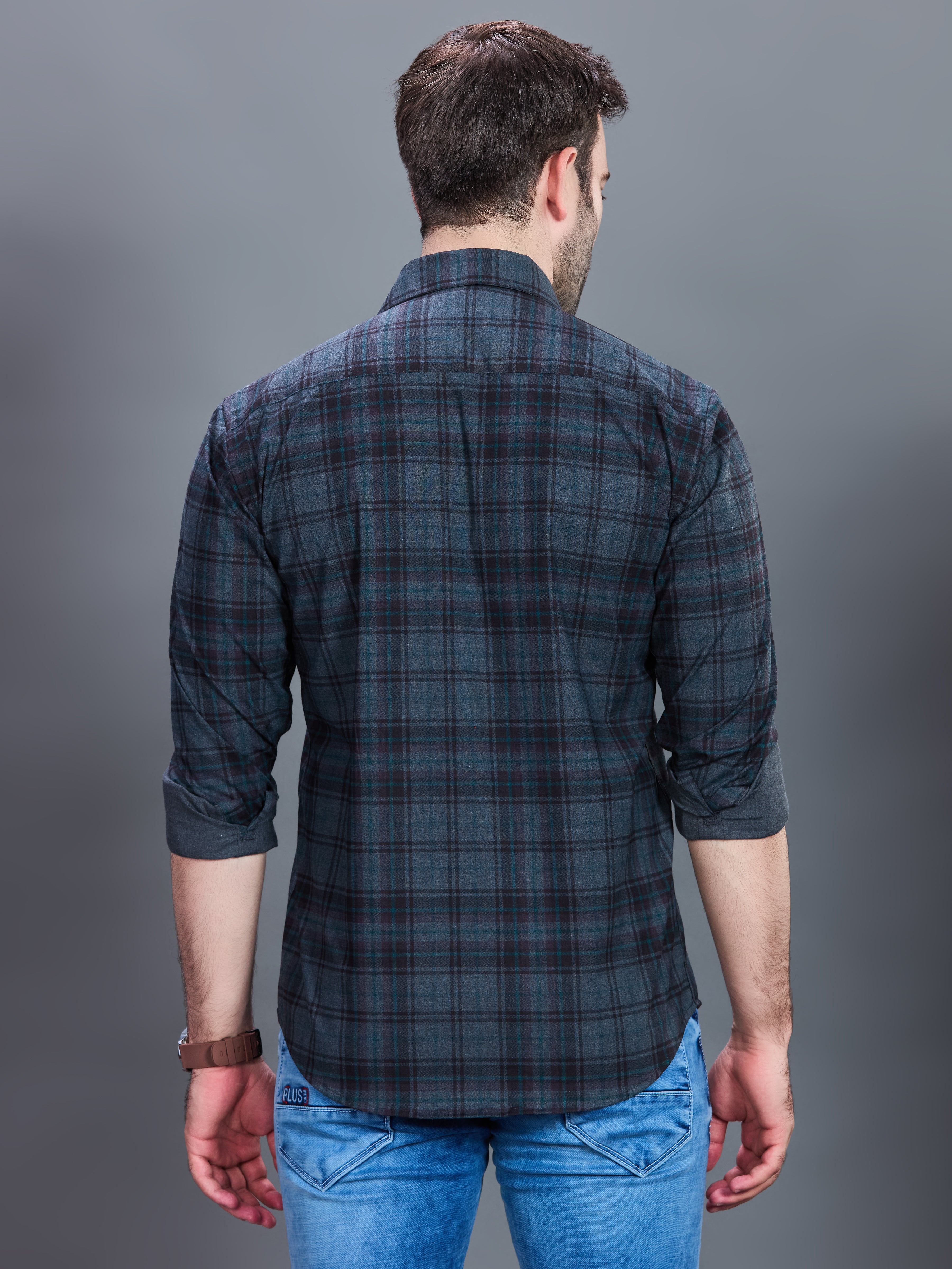 AXZON Charcoal Grey & Teal Checked Casual Shirt for Men
