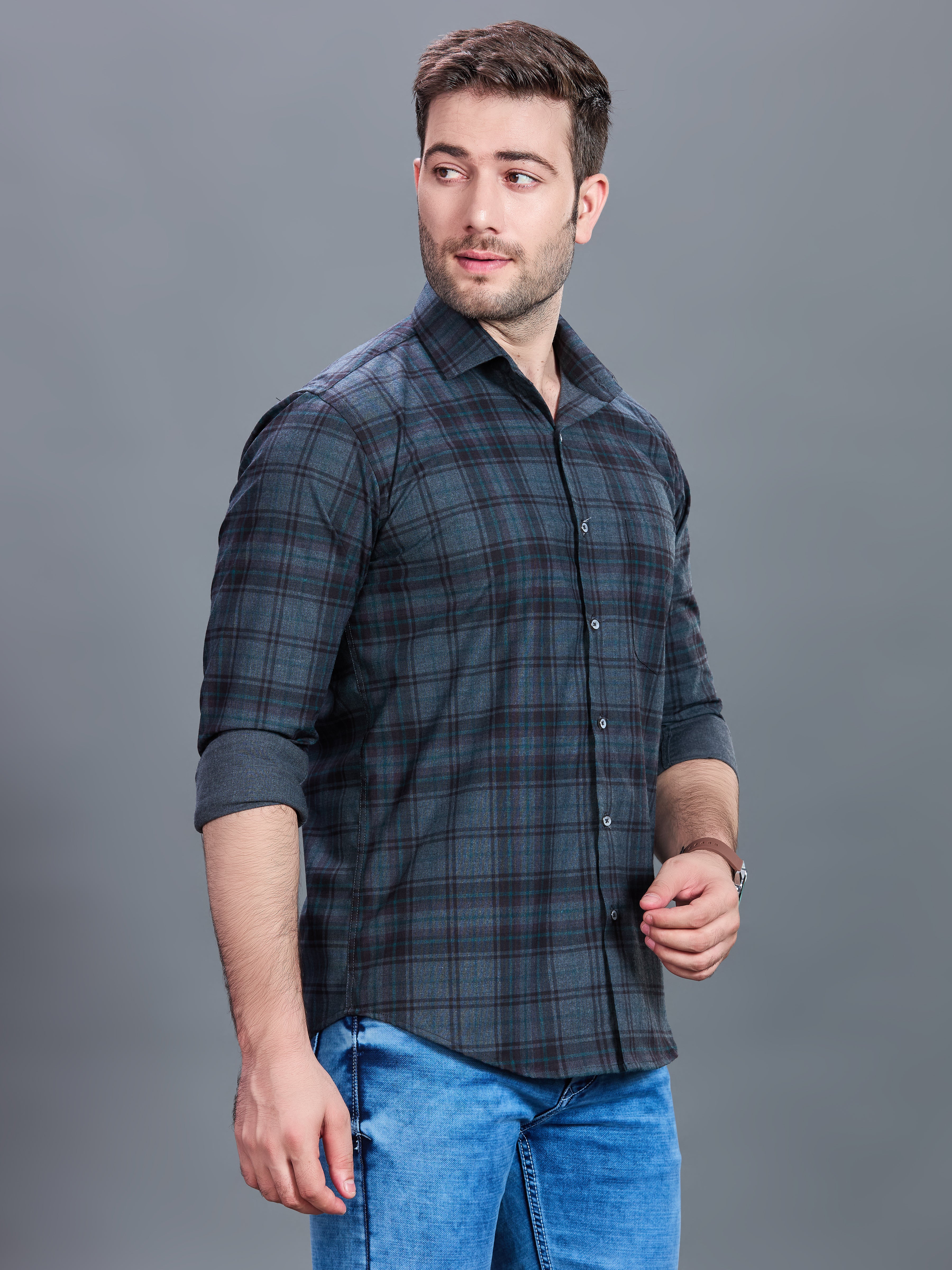 AXZON Charcoal Grey & Teal Checked Casual Shirt for Men