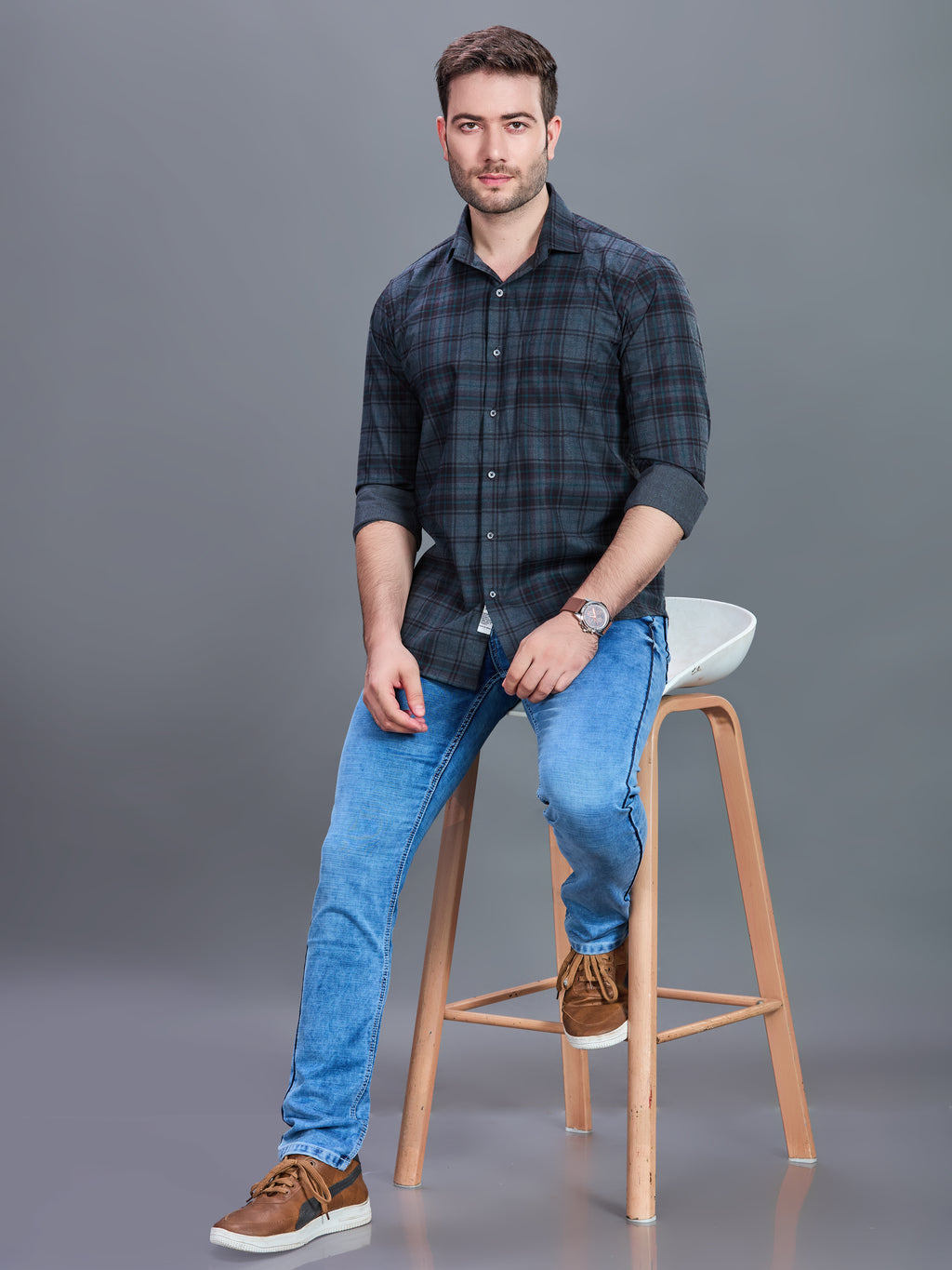 AXZON Charcoal Grey & Teal Checked Casual Shirt for Men
