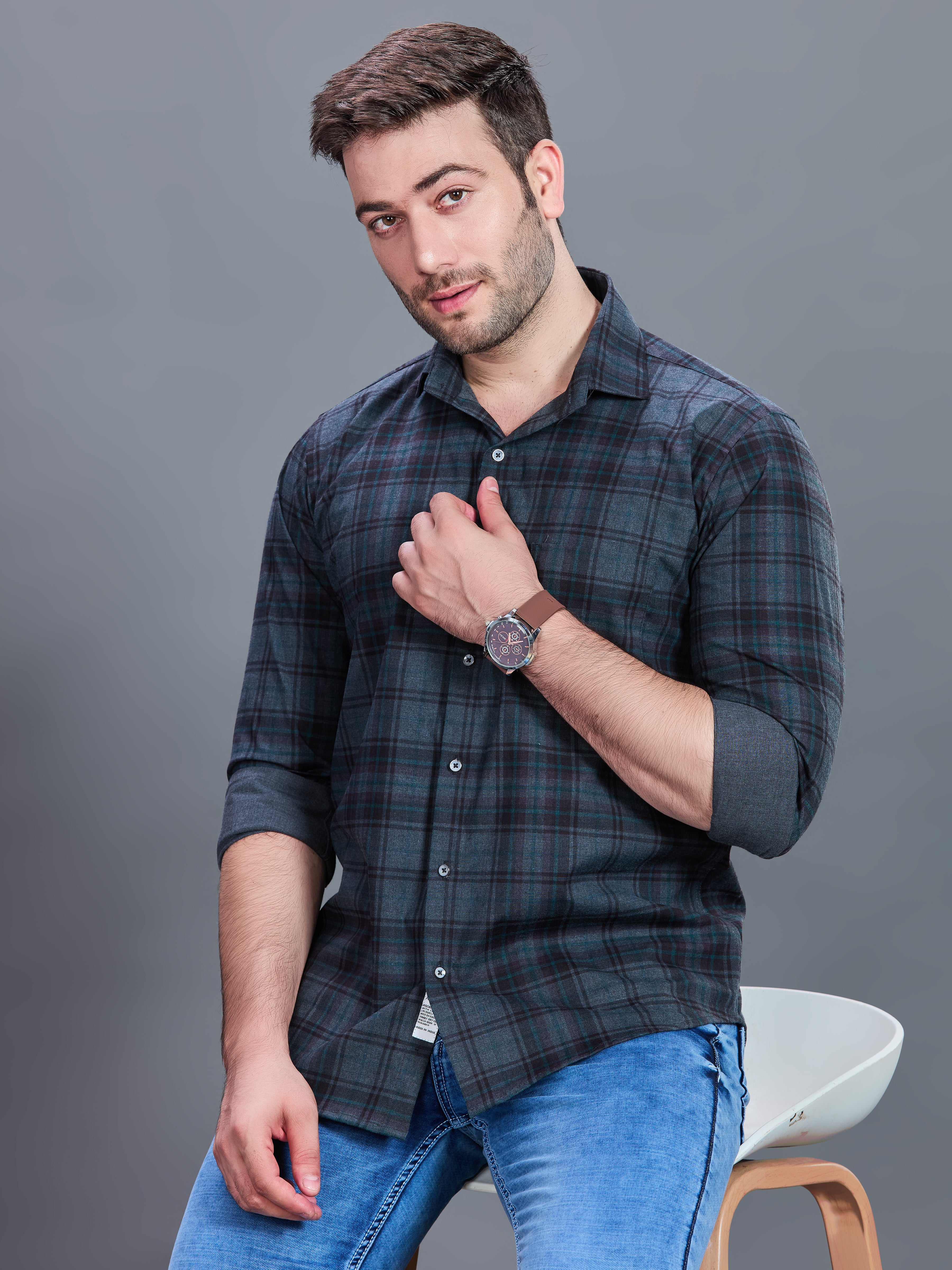 AXZON Charcoal Grey & Teal Checked Casual Shirt for Men