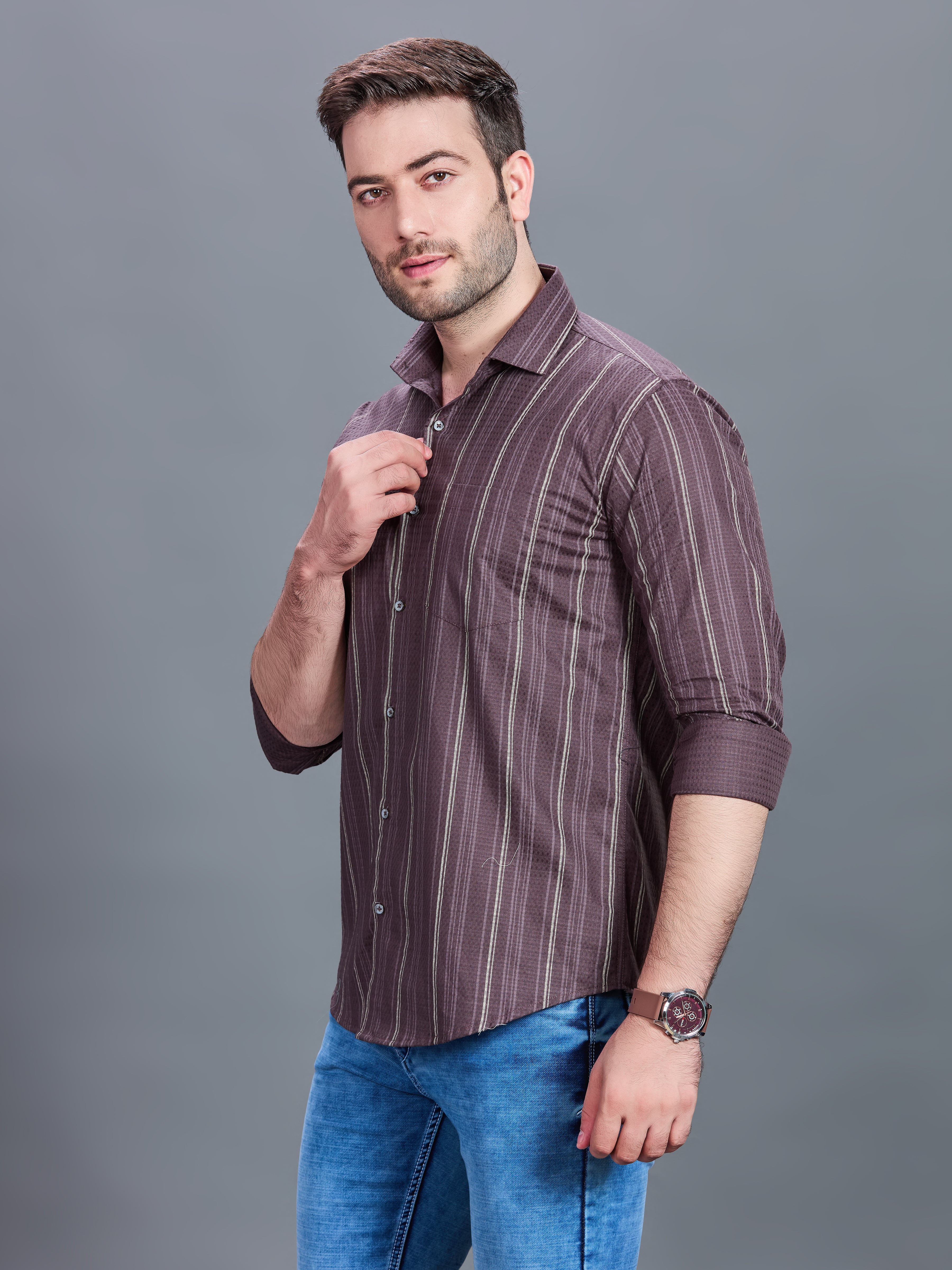 AXZON Brown Striped Formal Shirt for Men