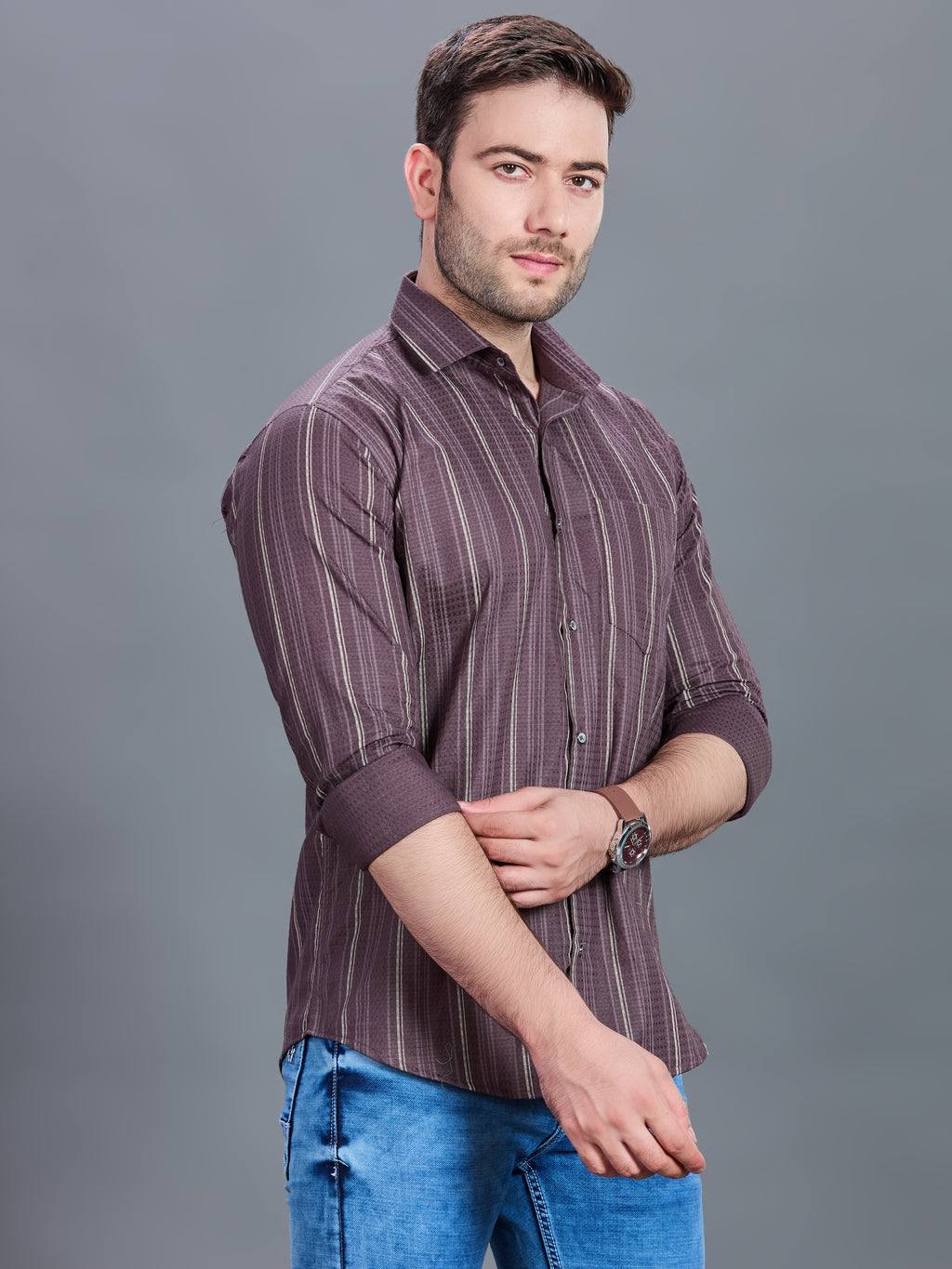 AXZON Brown Striped Formal Shirt for Men
