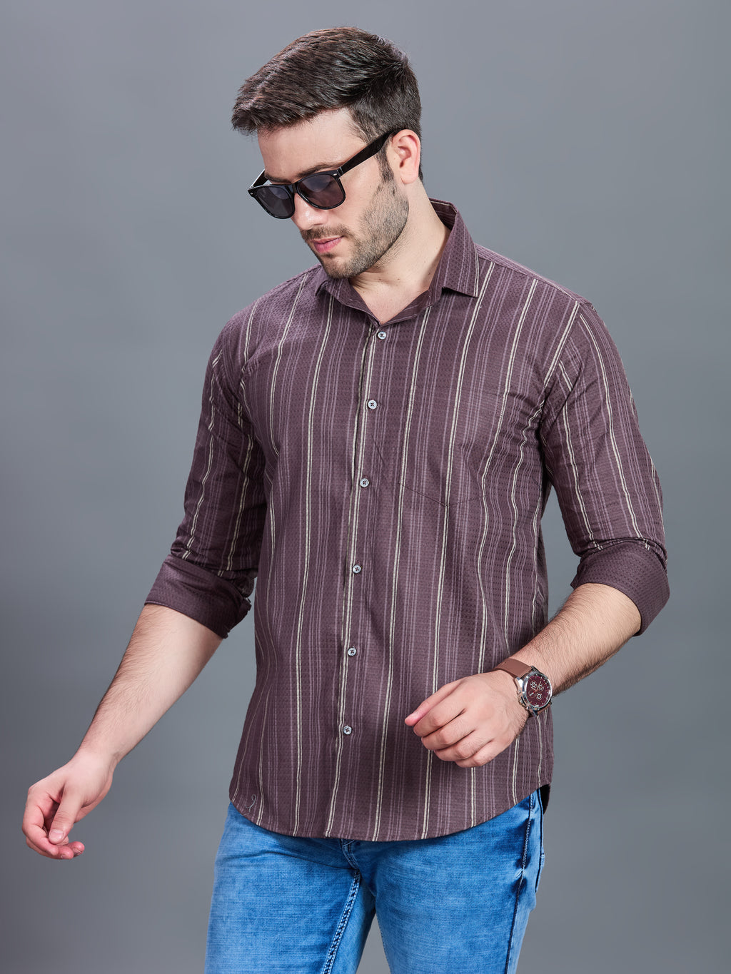 AXZON Brown Striped Formal Shirt for Men