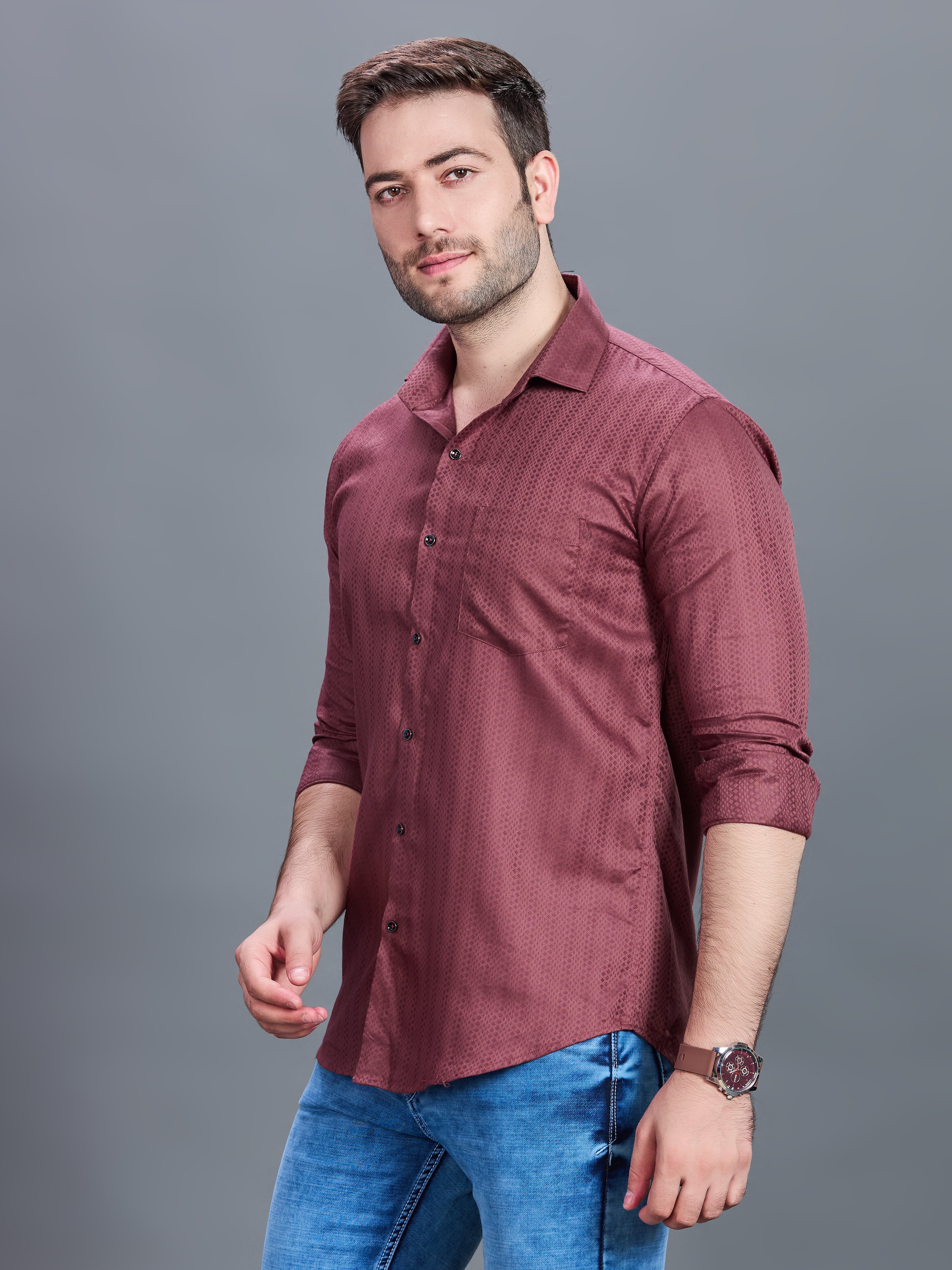 AXZON Wine Textured Printed Shirt for Men