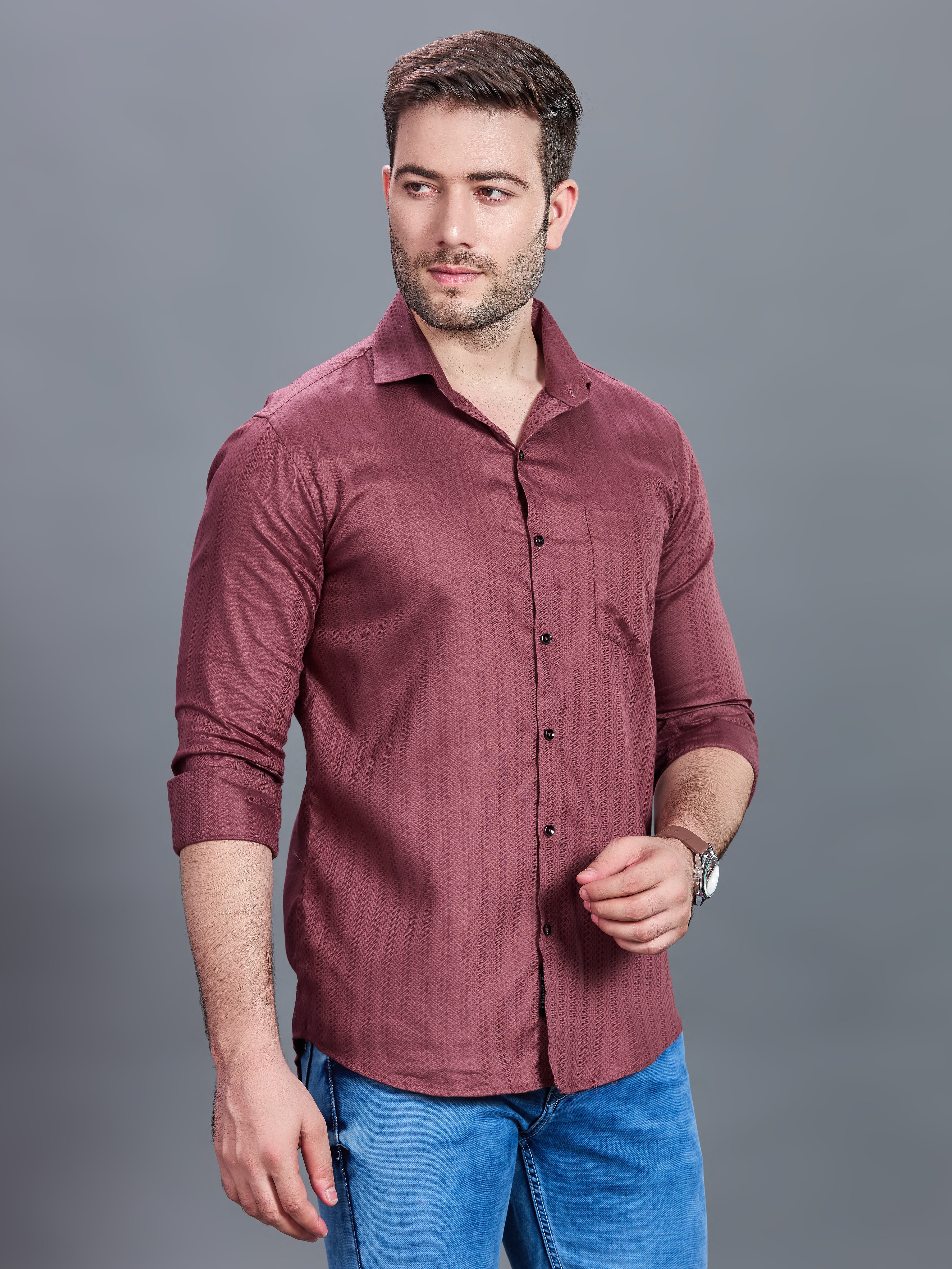 AXZON Wine Textured Printed Shirt for Men