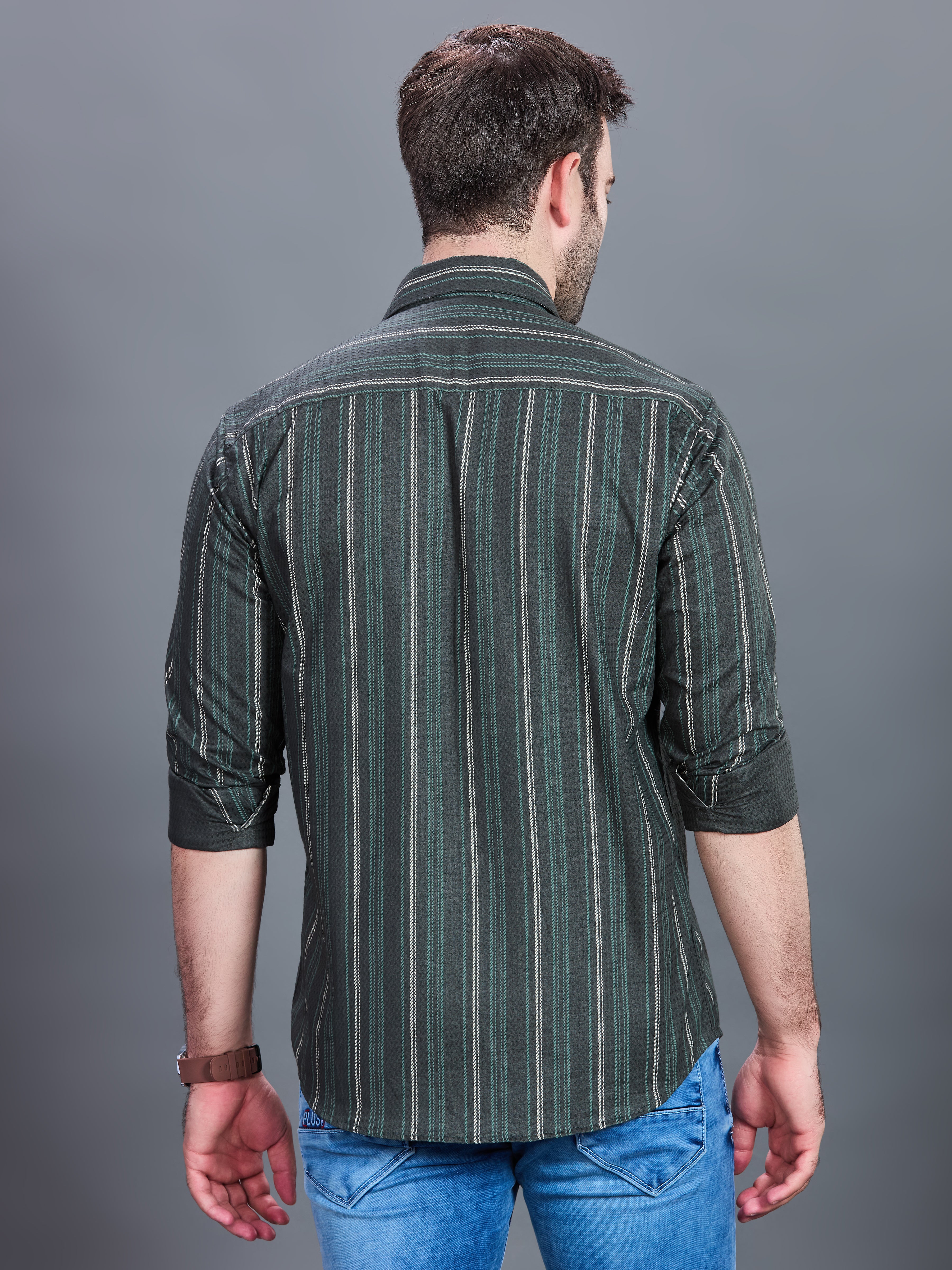 AXZON Dark Grey & Green Striped Formal Shirt for Men