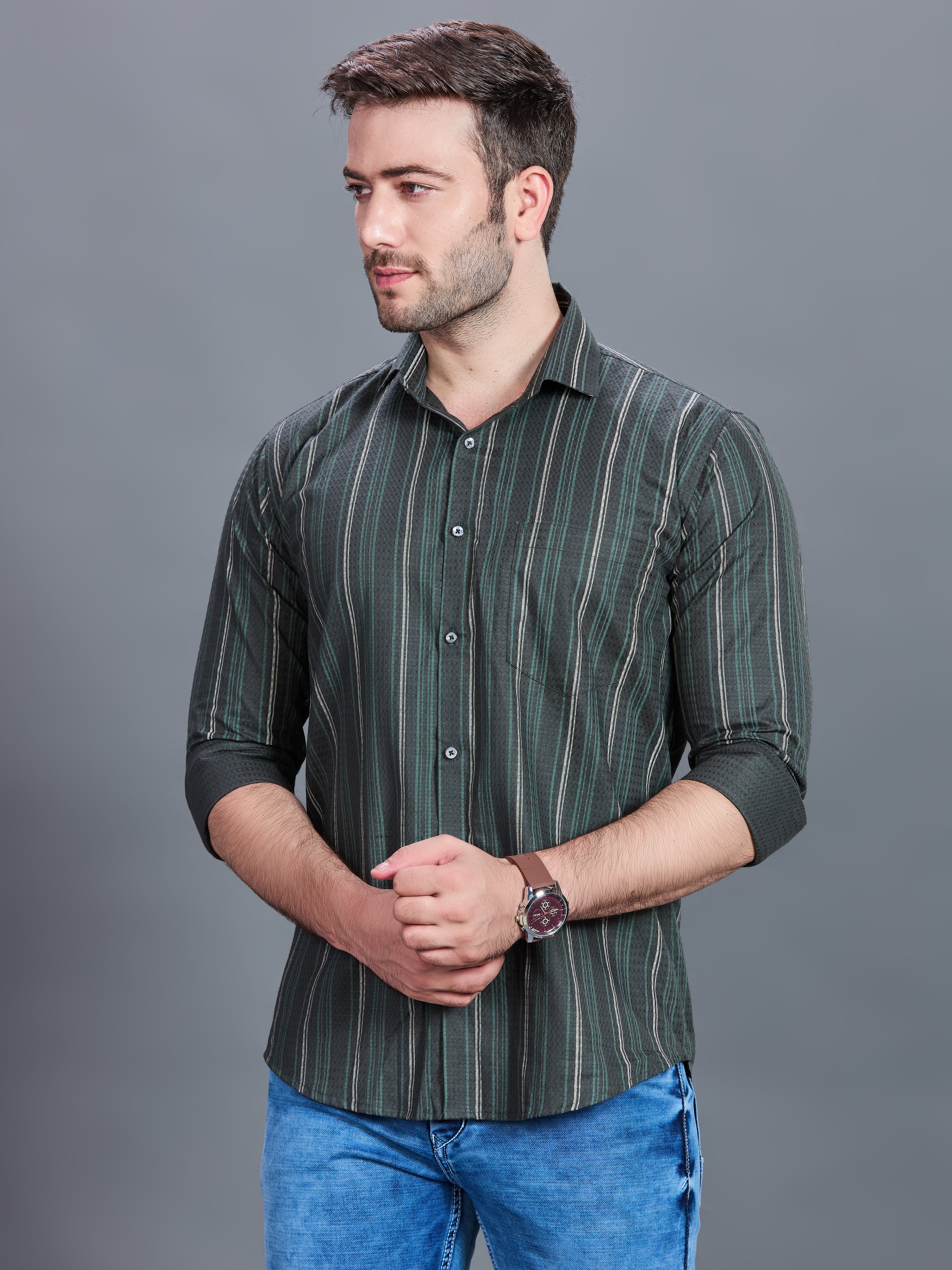 AXZON Dark Grey & Green Striped Formal Shirt for Men