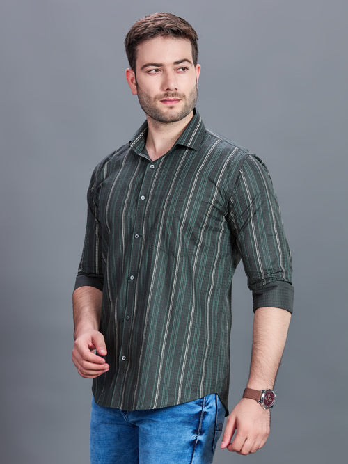 AXZON Dark Grey & Green Striped Formal Shirt for Men