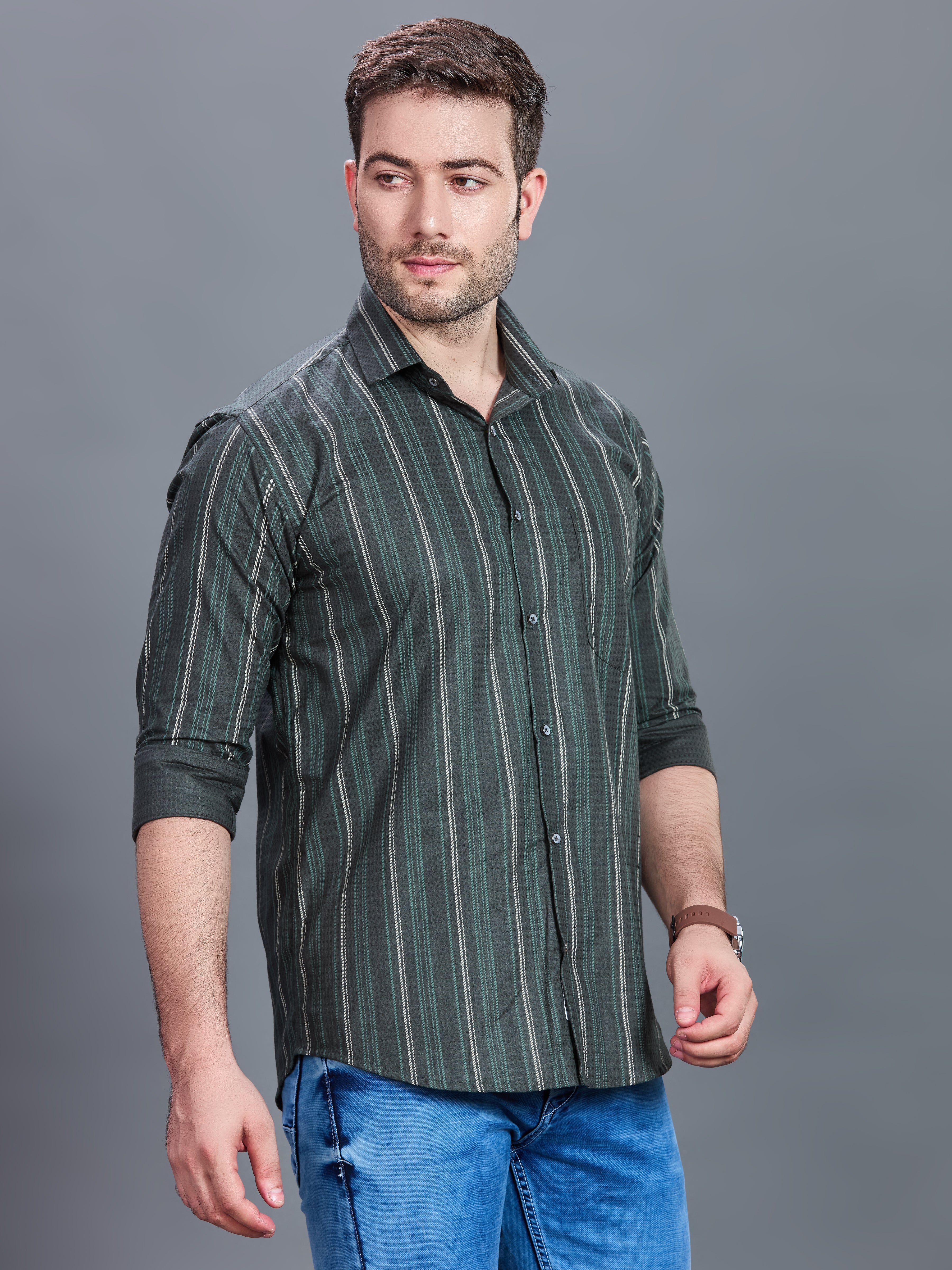 AXZON Dark Grey & Green Striped Formal Shirt for Men