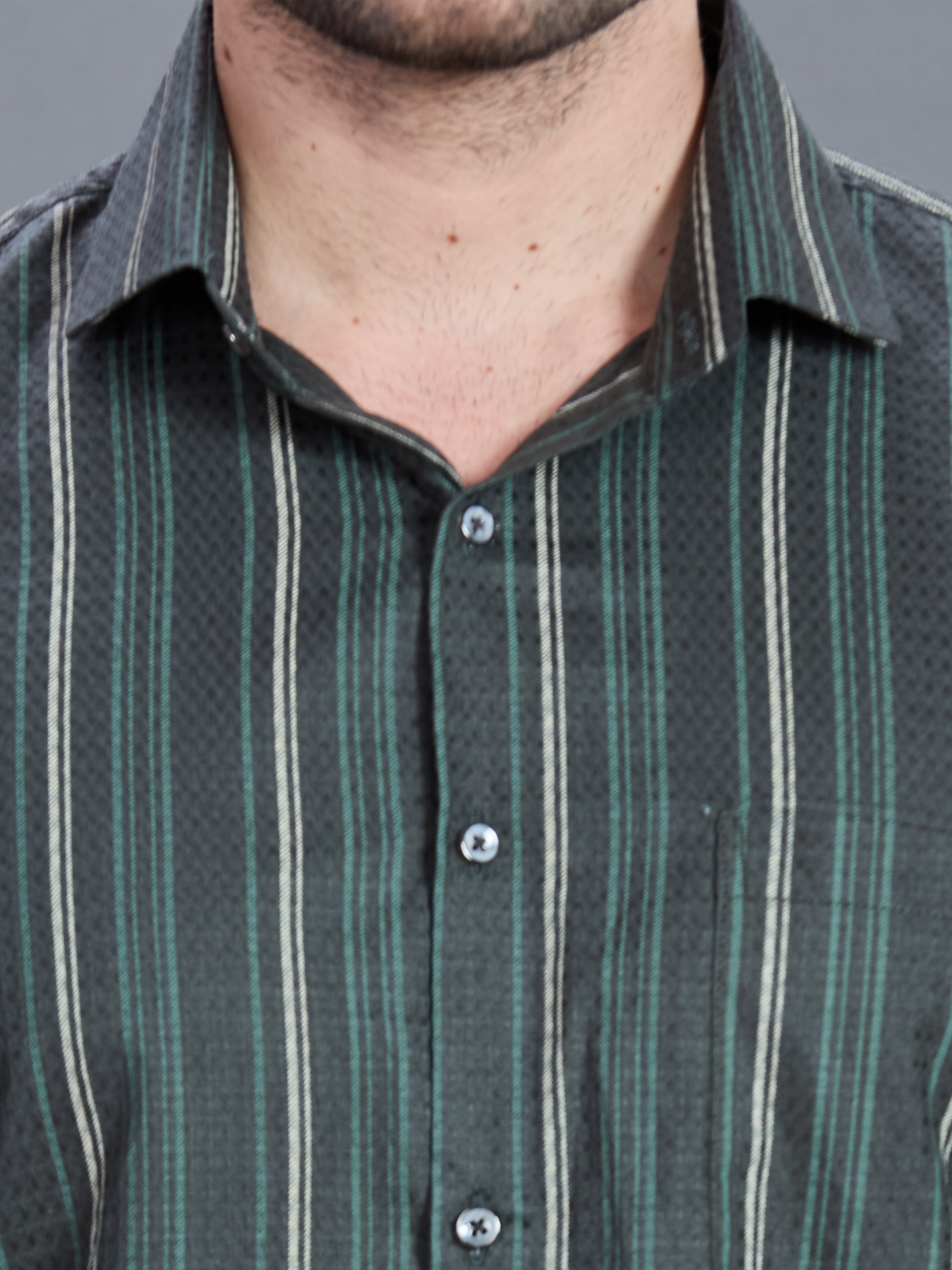 AXZON Dark Grey & Green Striped Formal Shirt for Men
