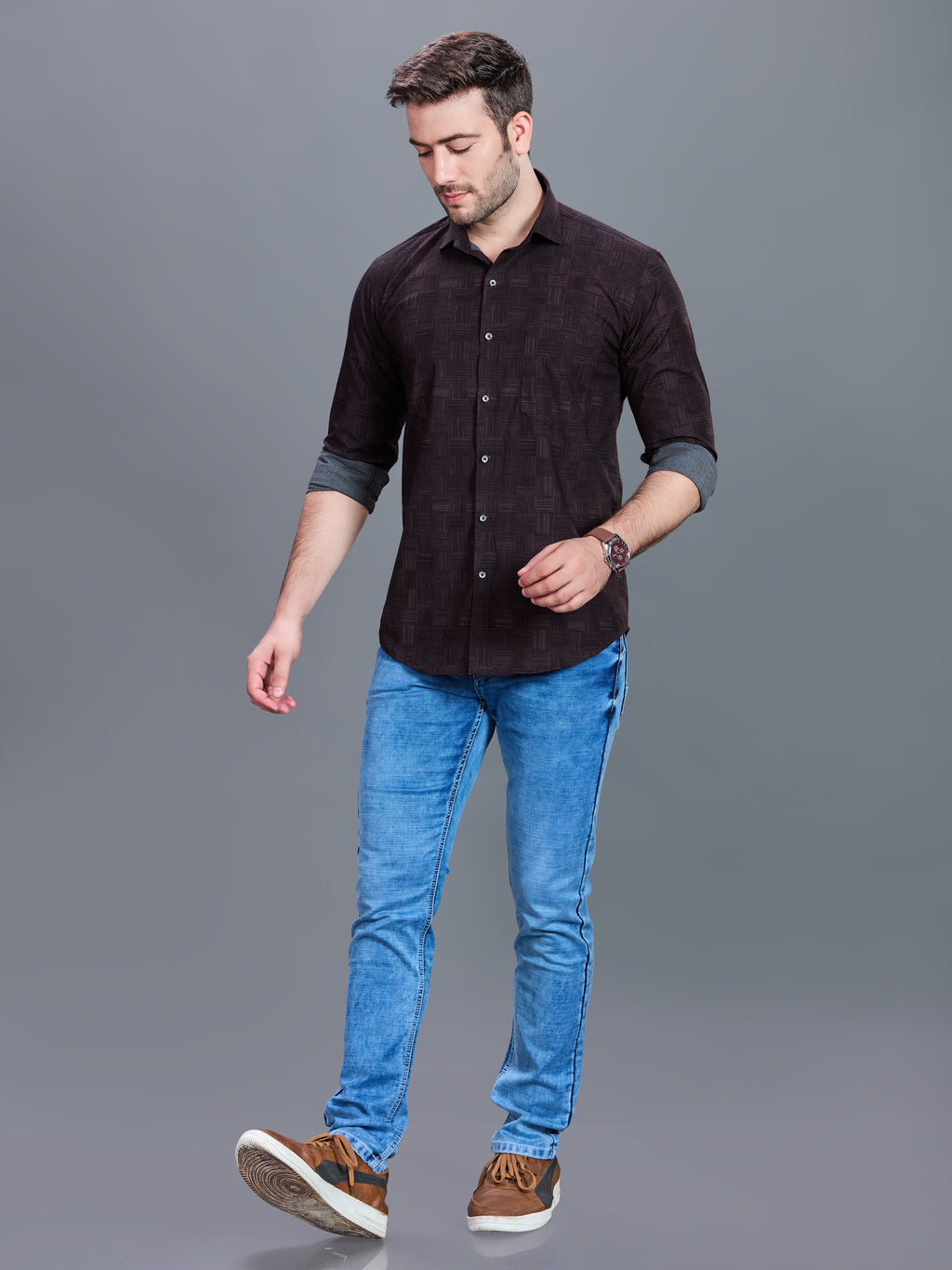AXZON Dark Brown Geometric Printed Shirt for Men