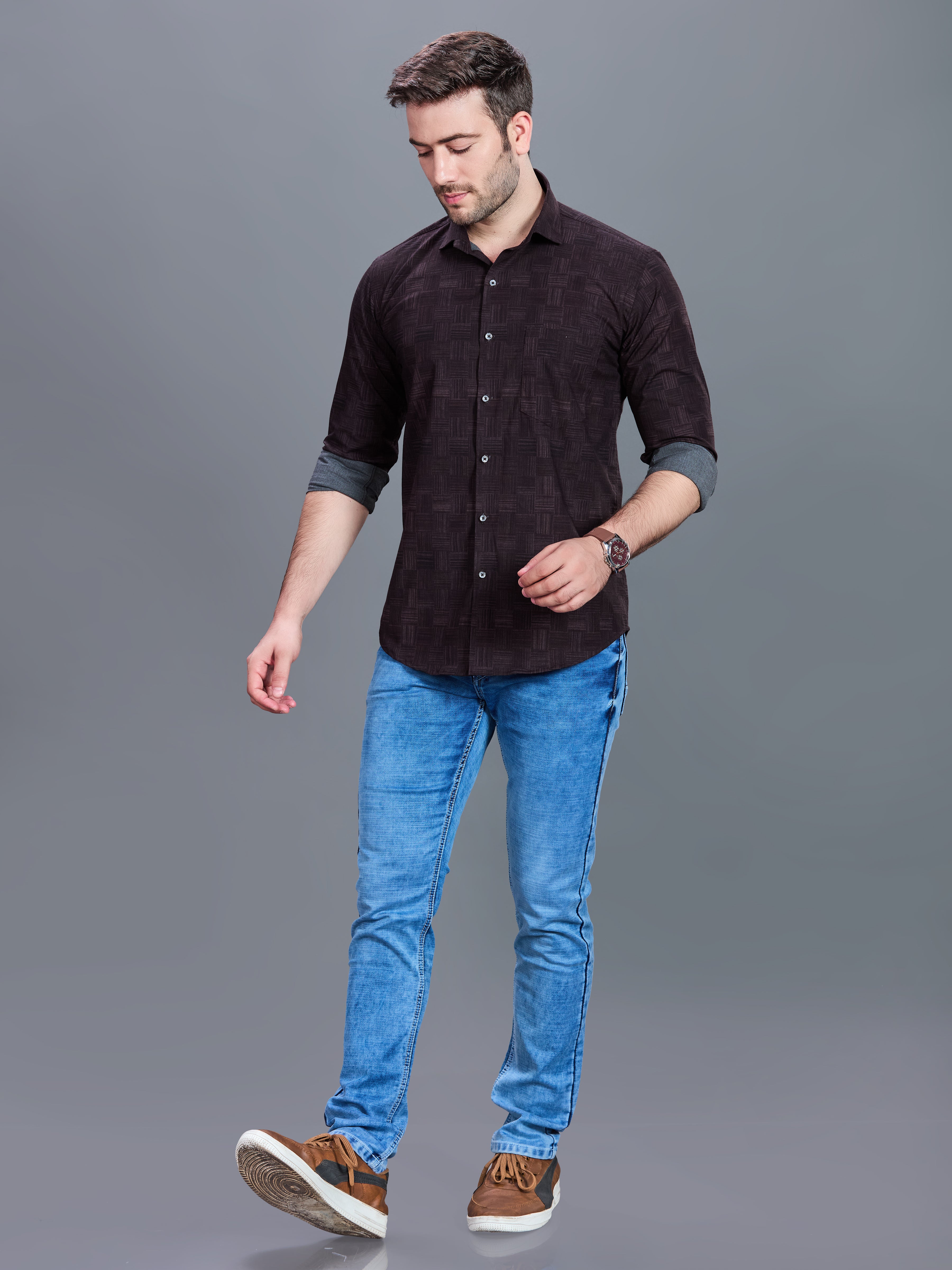 AXZON Dark Brown Geometric Printed Shirt for Men