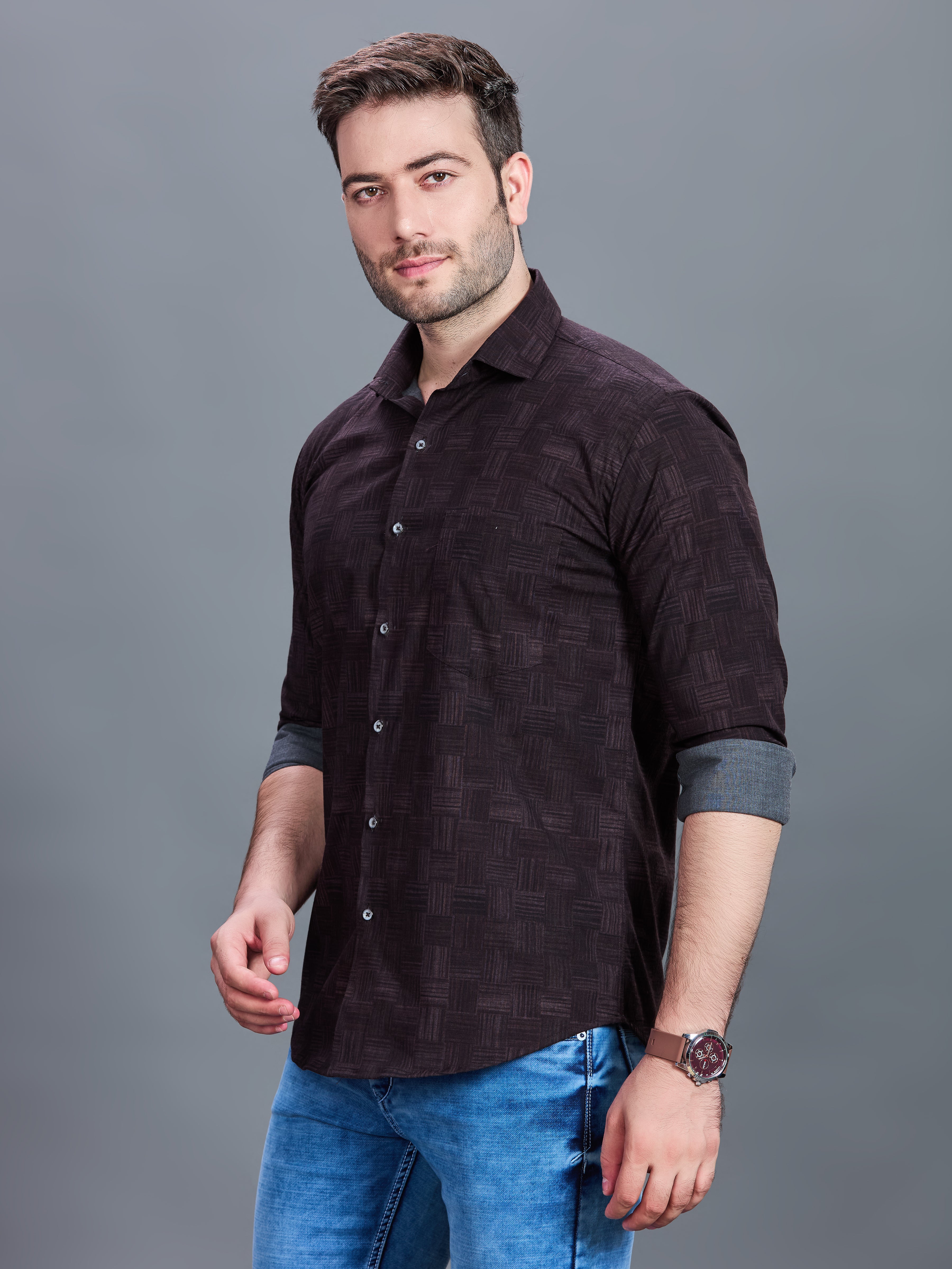 AXZON Dark Brown Geometric Printed Shirt for Men