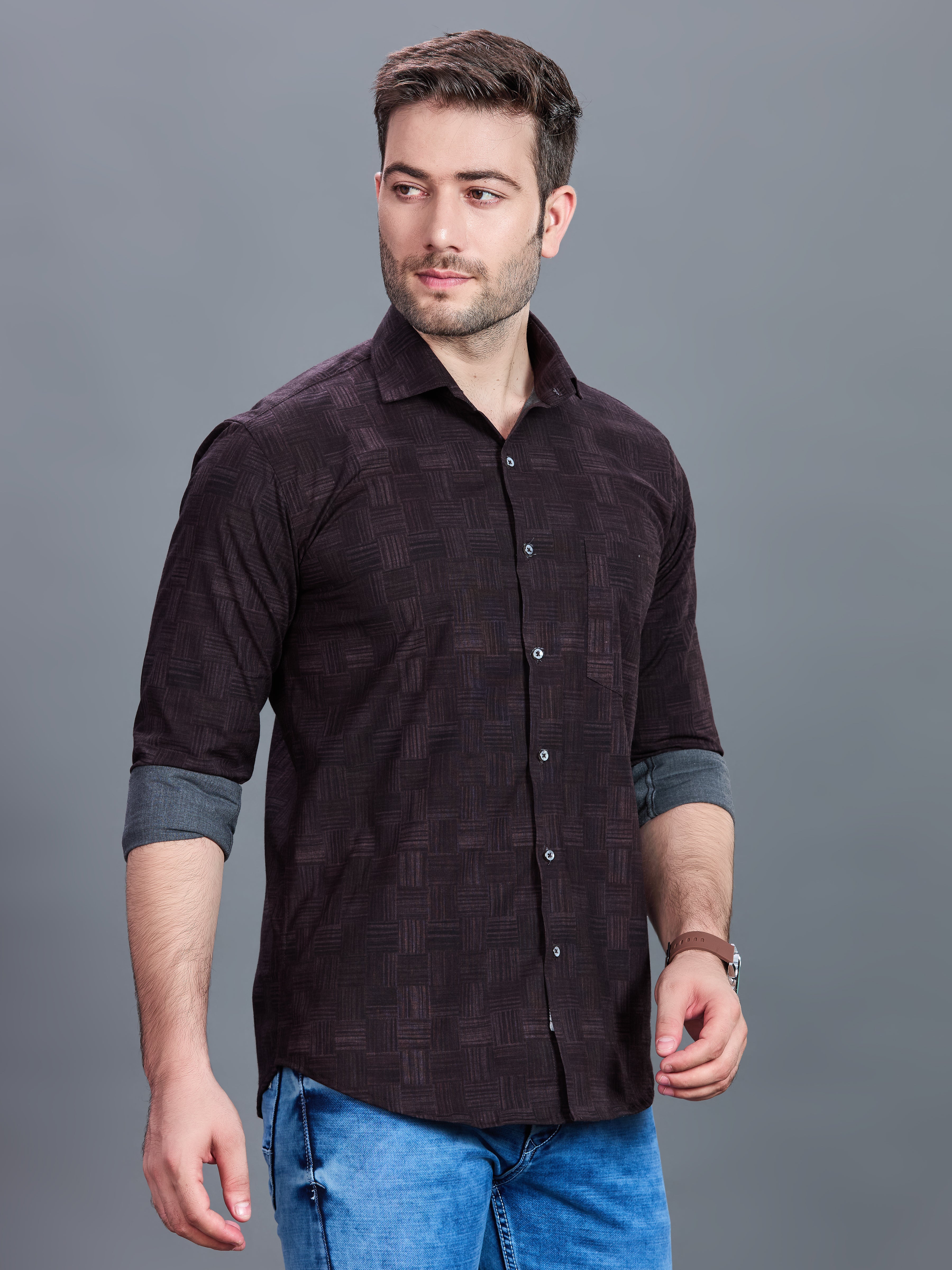 AXZON Dark Brown Geometric Printed Shirt for Men